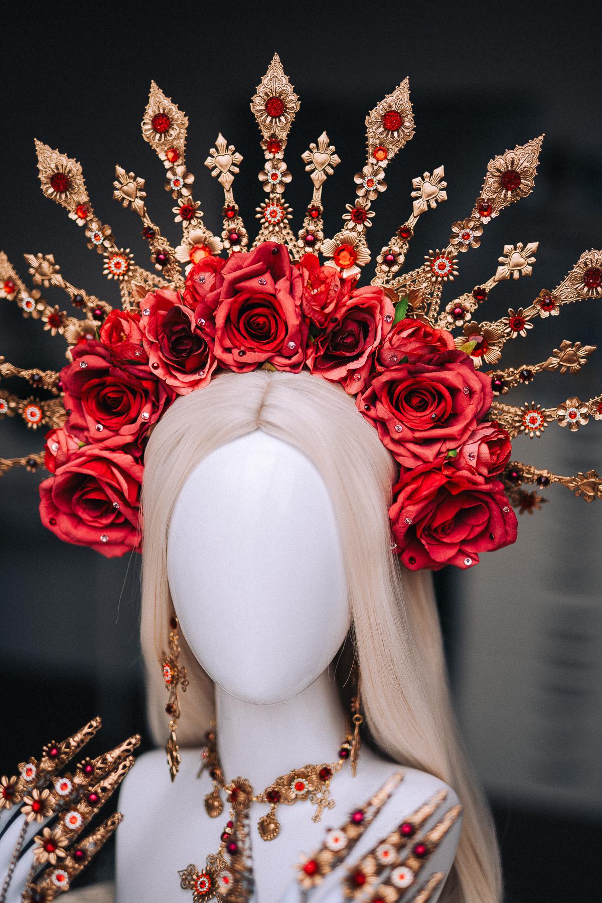 La Catrina Necklace, Día de los Muertos Jewelry, Sacred Heart Necklace, Red Crystal Gold Statement Jewelry