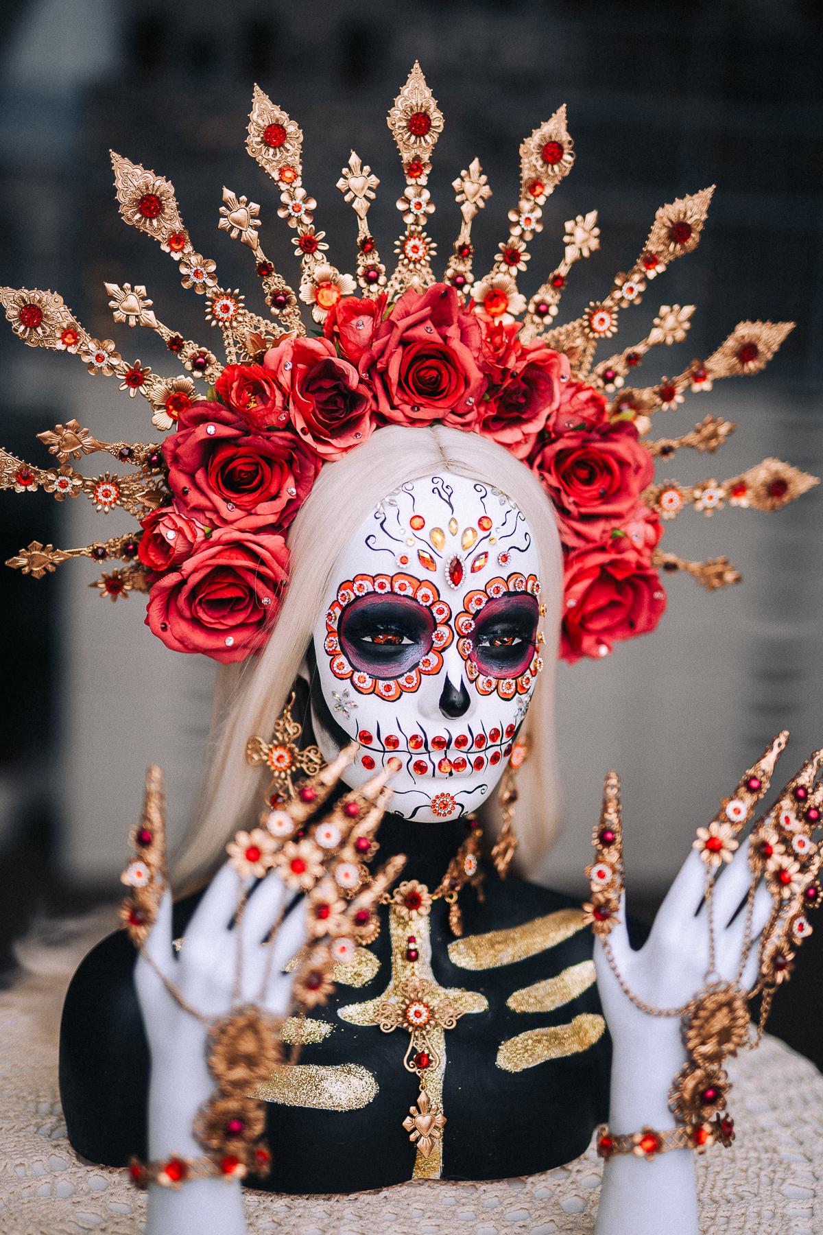 La Catrina Necklace, Día de los Muertos Jewelry, Sacred Heart Necklace, Red Crystal Gold Statement Jewelry