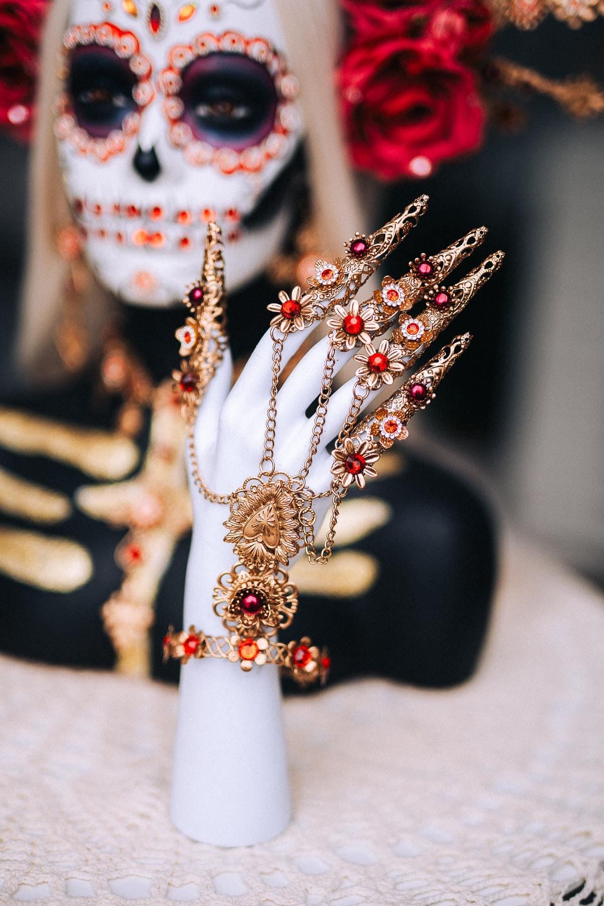 La Catrina Finger Claws, Día de los Muertos Hand Jewelry, Gold Chain Hand Piece, Red Crystal Statement Jewelry