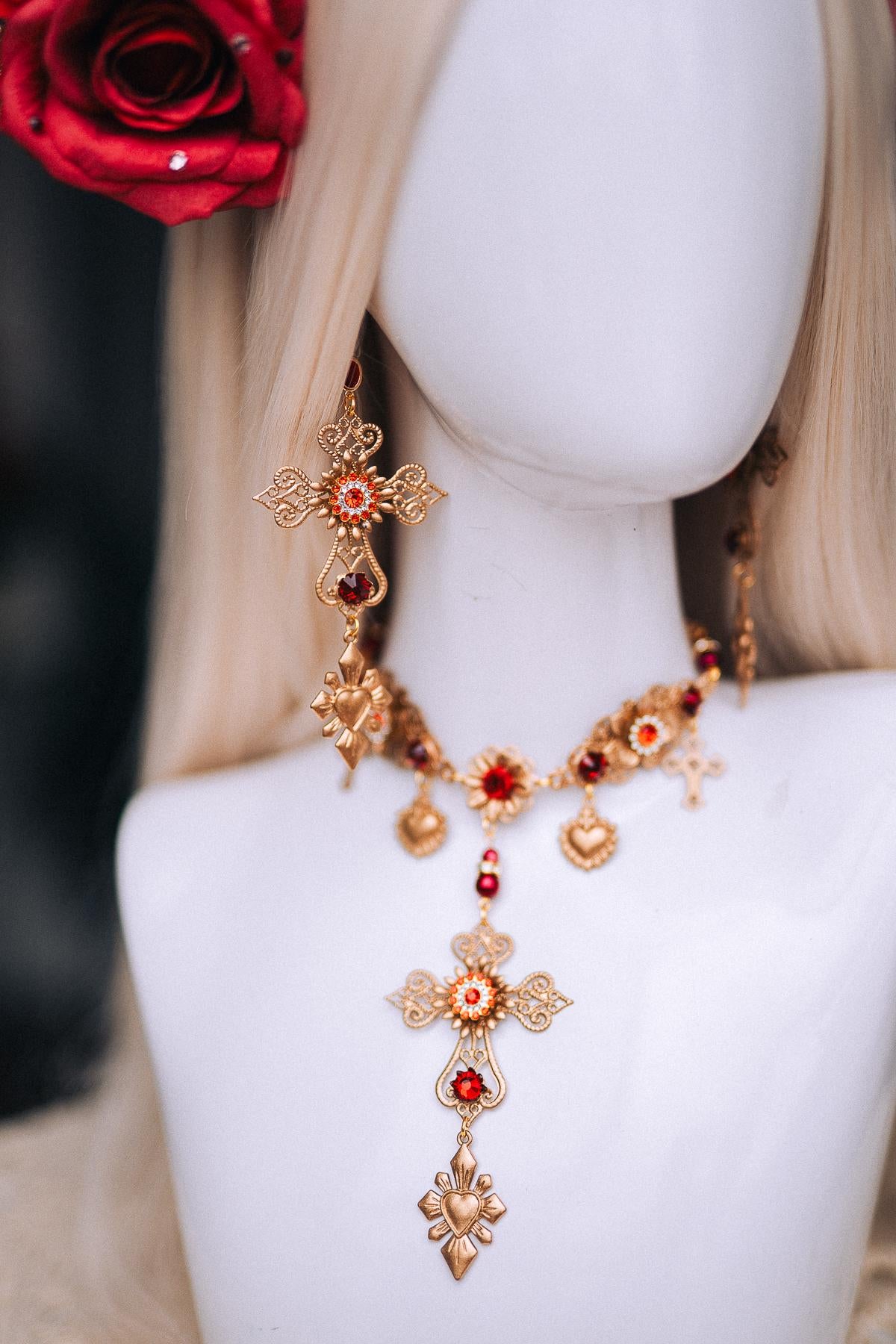 La Catrina Halo Crown, Día de los Muertos Headpiece, Red Rose Gold Crown, Sacred Heart Catrina Headdress