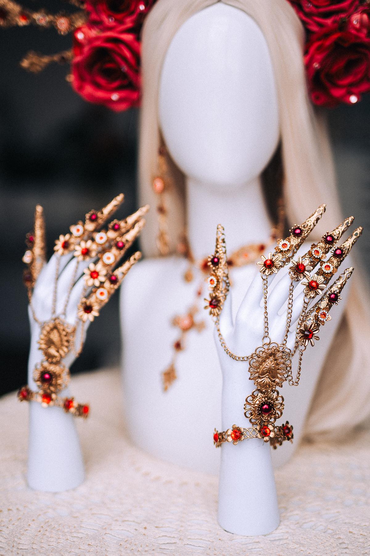 La Catrina Halo Crown, Día de los Muertos Headpiece, Red Rose Gold Crown, Sacred Heart Catrina Headdress