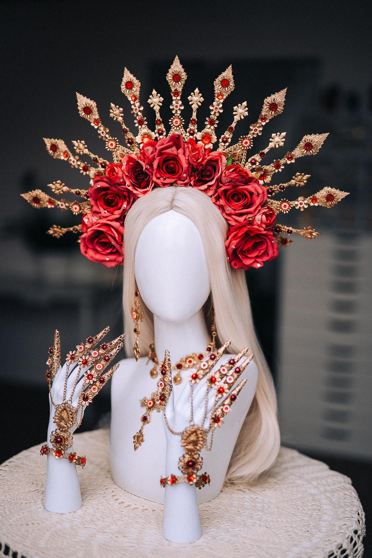 La Catrina Halo Crown, Día de los Muertos Headpiece, Red Rose Gold Crown, Sacred Heart Catrina Headdress
