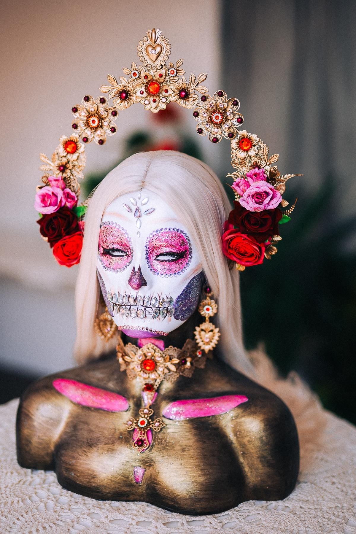 La Catrina Sacred Heart Earrings, Día de los Muertos Jewelry, Antique Gold Earrings, Red Crystal Statement Earrings