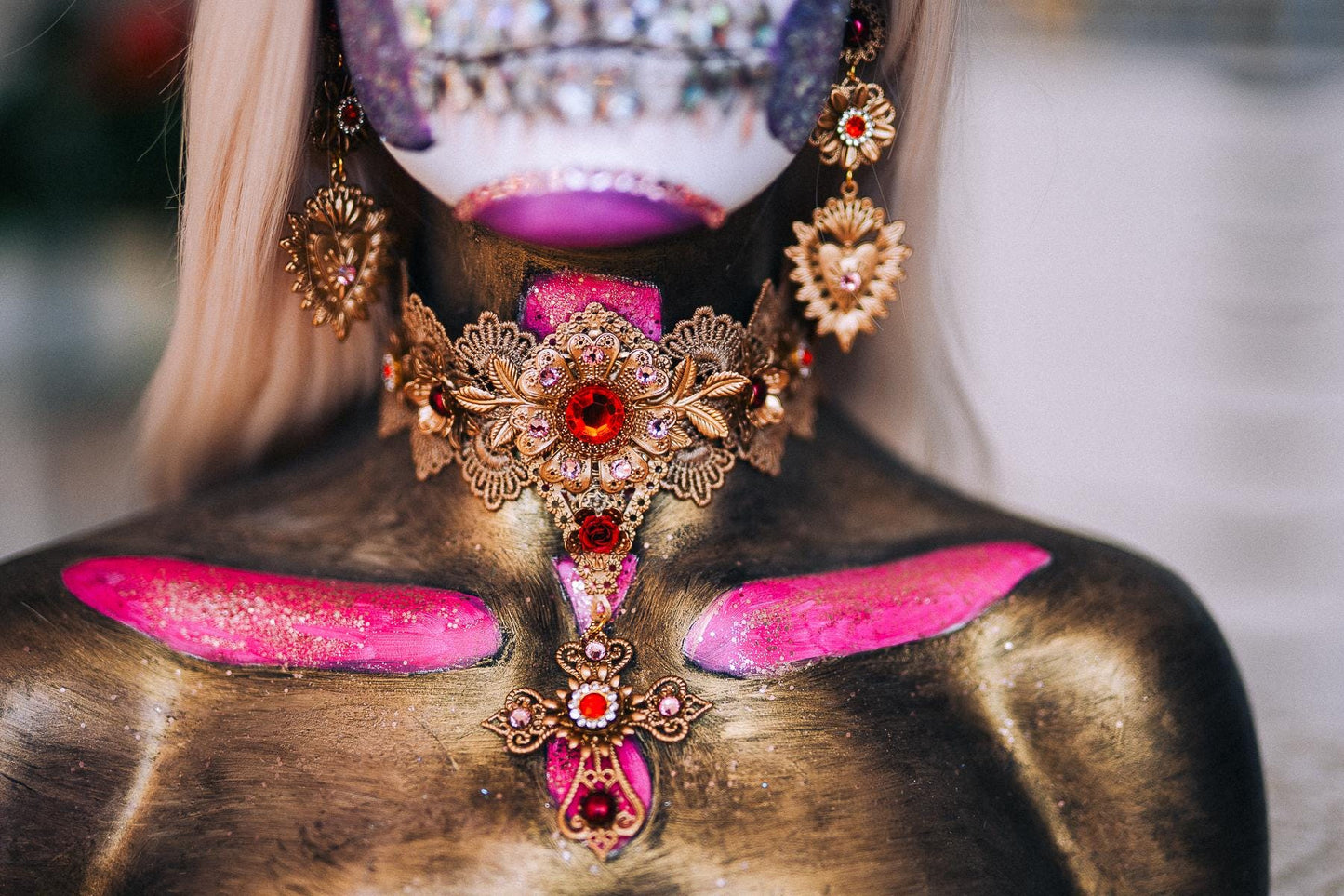La Catrina Sacred Heart Earrings, Día de los Muertos Jewelry, Antique Gold Earrings, Red Crystal Statement Earrings