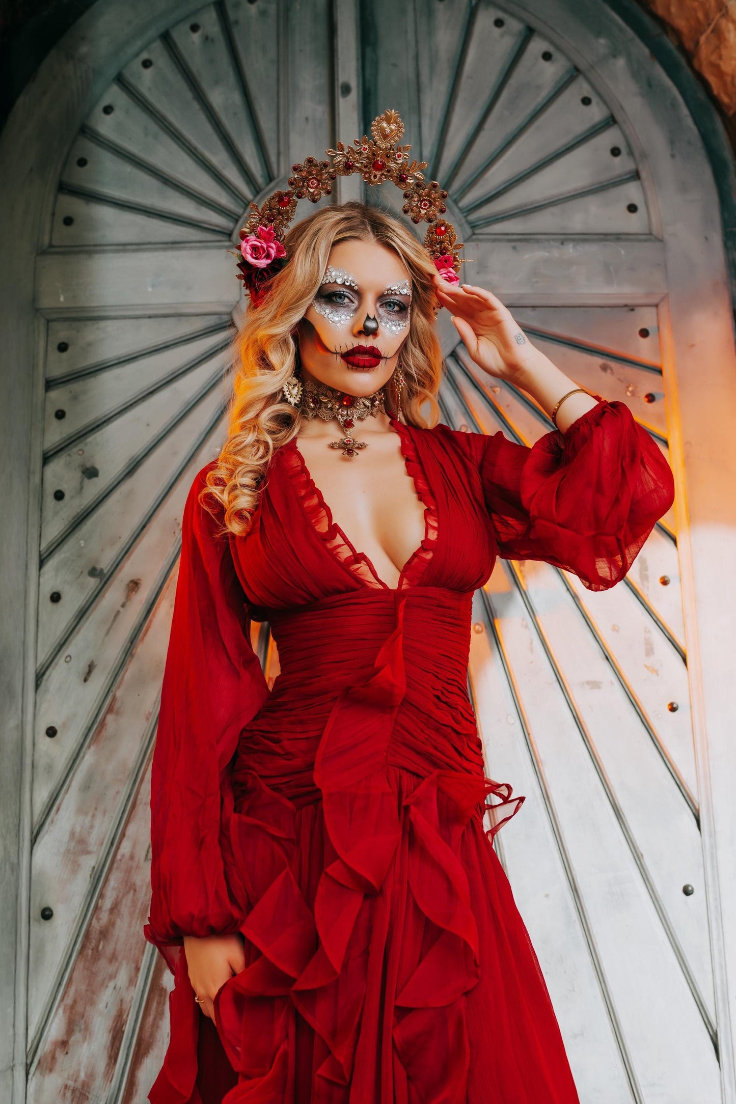 La Catrina Necklace, Día de los Muertos Jewelry, Sacred Heart Choker Necklace, Antique Gold Red Crystal Statement Jewelry