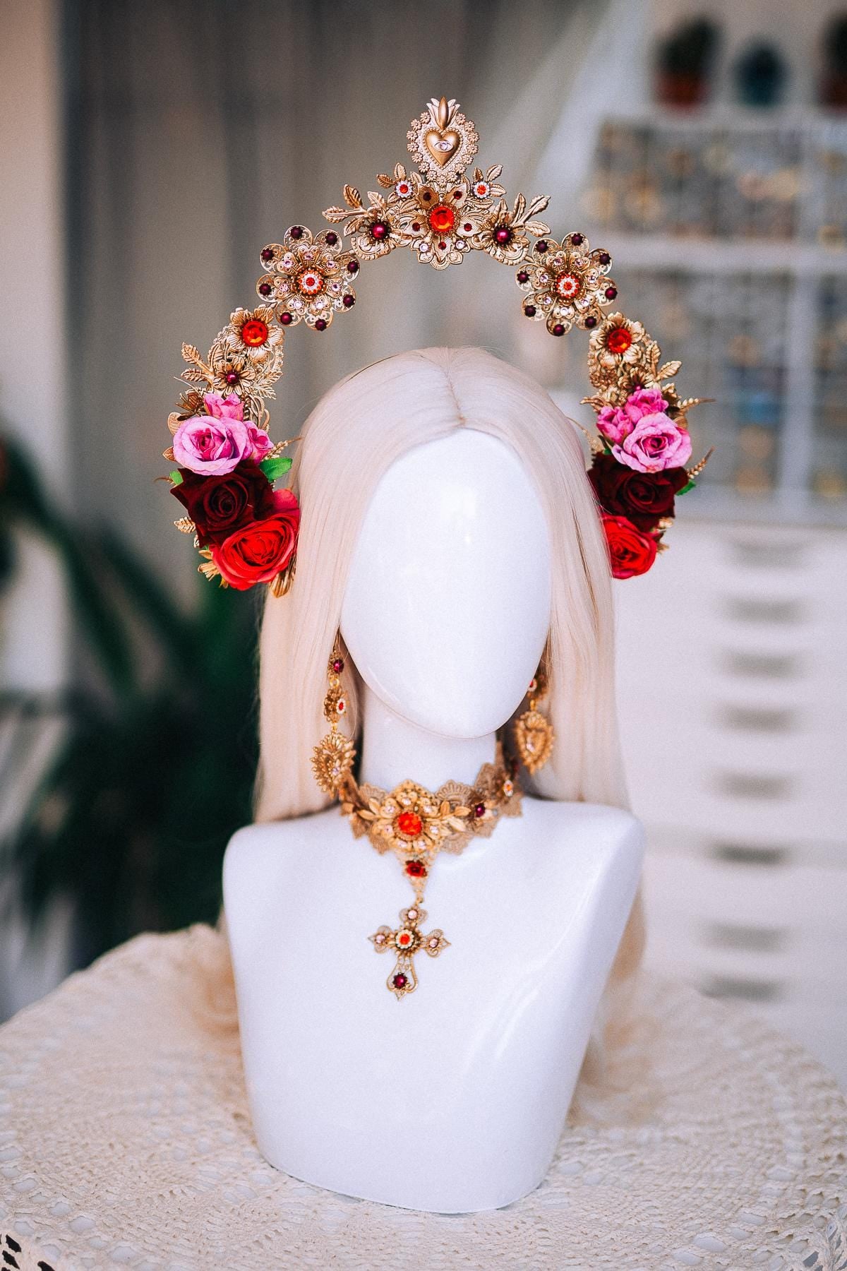 La Catrina Necklace, Día de los Muertos Jewelry, Sacred Heart Choker Necklace, Antique Gold Red Crystal Statement Jewelry