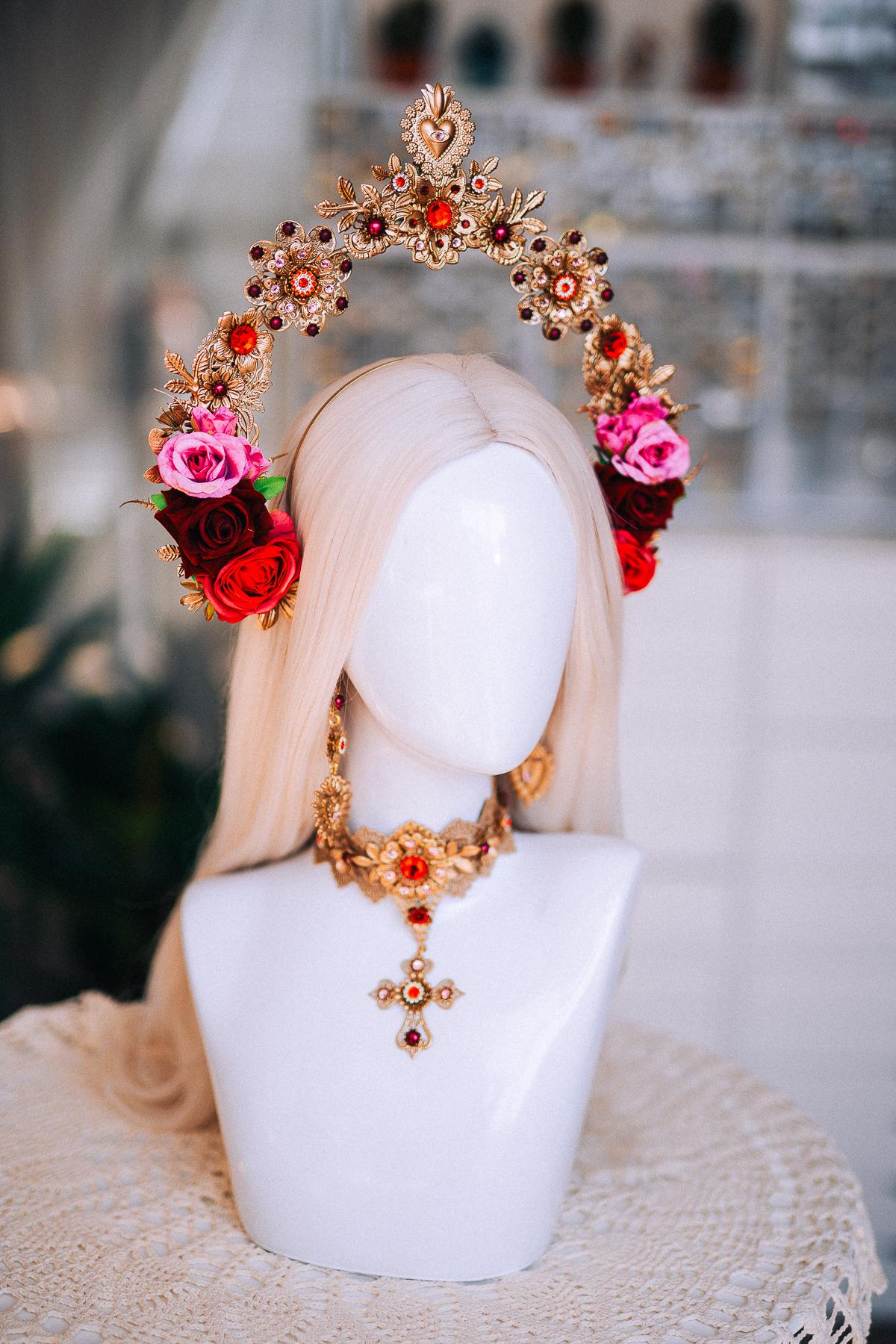 La Catrina Necklace, Día de los Muertos Jewelry, Sacred Heart Choker Necklace, Antique Gold Red Crystal Statement Jewelry