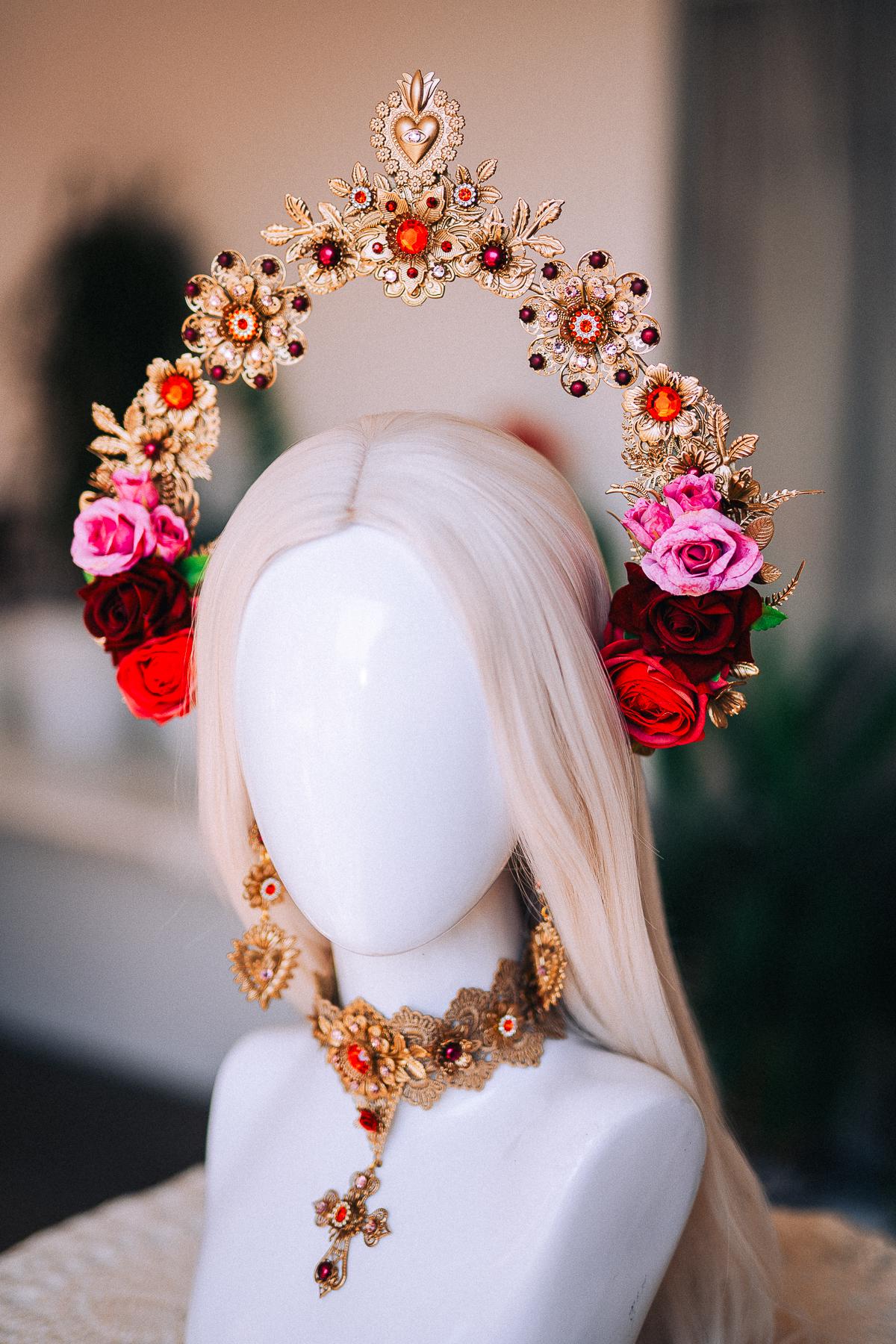 La Catrina Halo Crown, Día de los Muertos Headpiece, Antique Gold Sacred Heart Crown, Red Crystal Floral Halo
