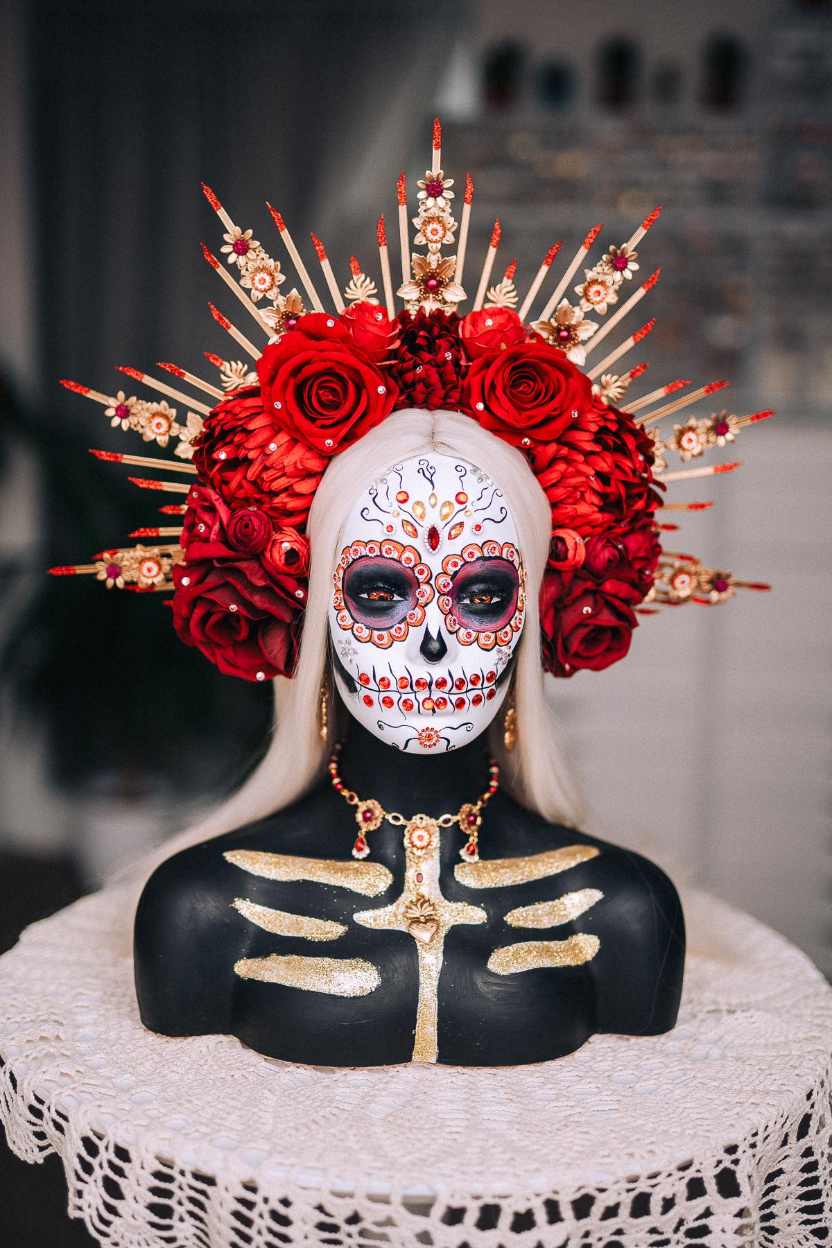 La Catrina Sacred Heart Earrings, Día de los Muertos Jewelry, Antique Gold Red Crystal Earrings, Catrina Statement Jewelry
