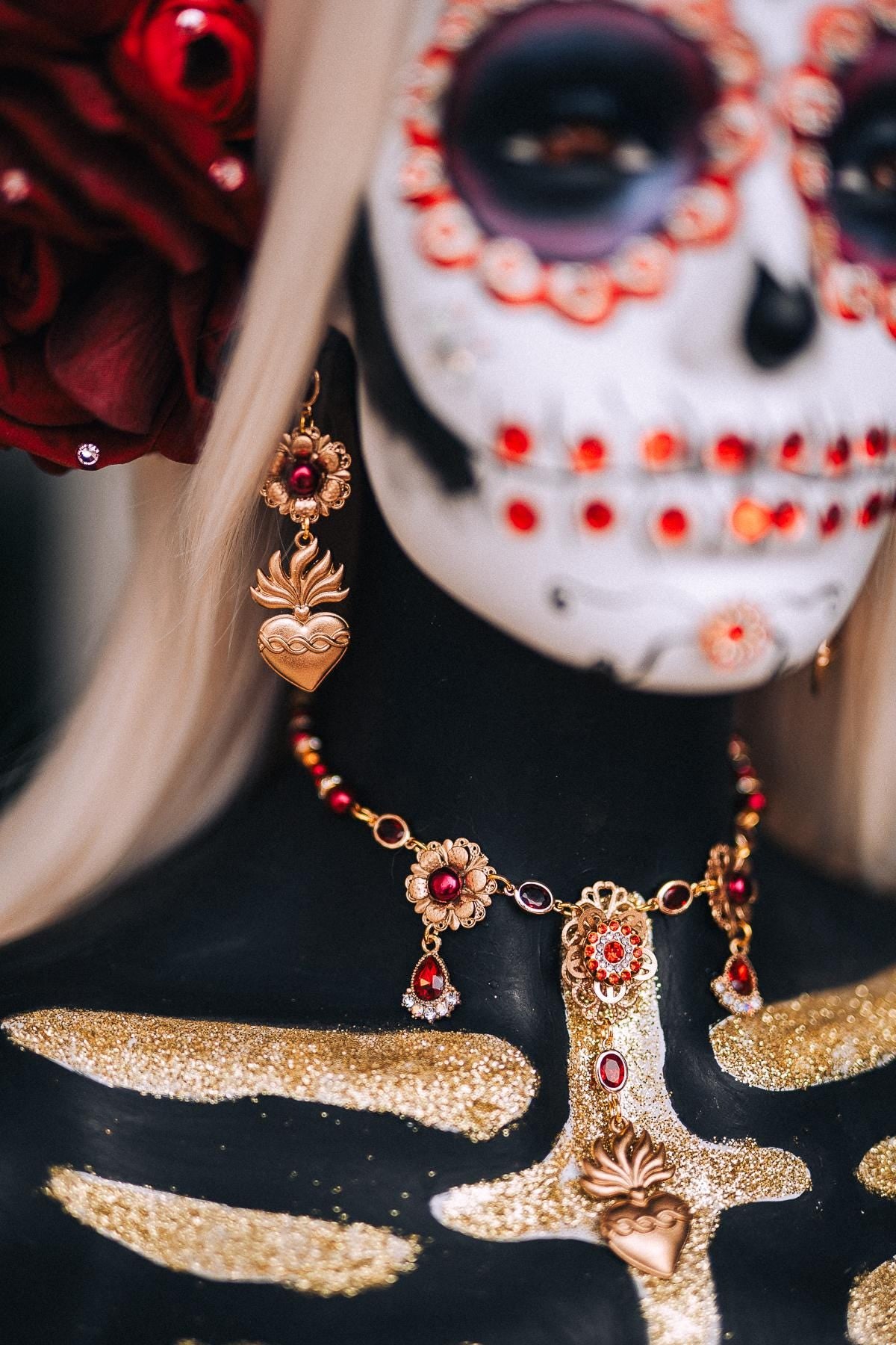 La Catrina Sacred Heart Earrings, Día de los Muertos Jewelry, Antique Gold Red Crystal Earrings, Catrina Statement Jewelry