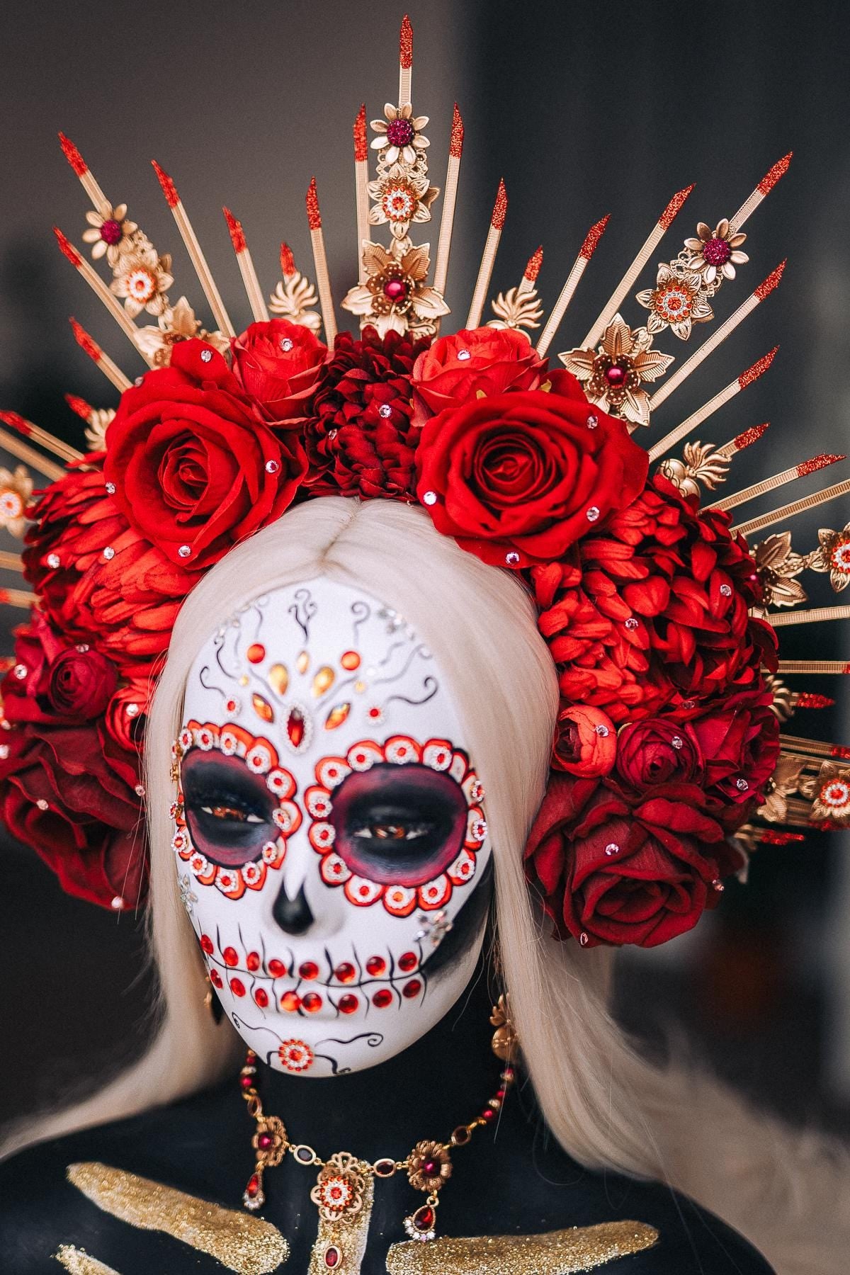 La Catrina Sacred Heart Earrings, Día de los Muertos Jewelry, Antique Gold Red Crystal Earrings, Catrina Statement Jewelry