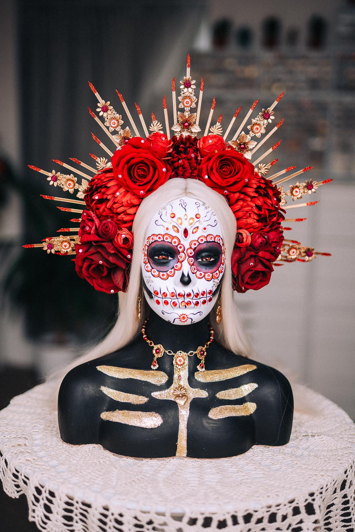 La Catrina Sacred Heart Necklace, Día de los Muertos Jewelry, Antique Gold Red Crystal Necklace, Catrina Statement Jewelry