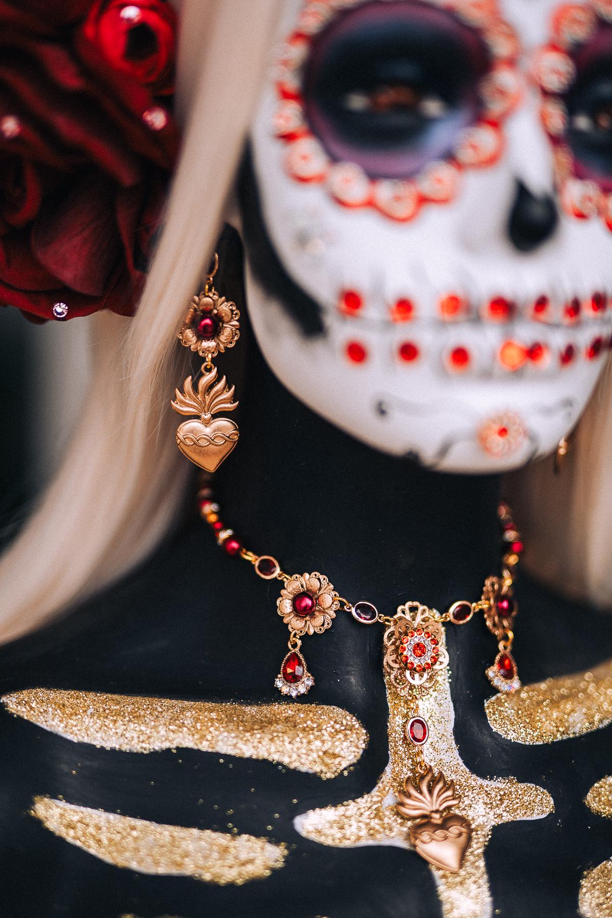 La Catrina Sacred Heart Necklace, Día de los Muertos Jewelry, Antique Gold Red Crystal Necklace, Catrina Statement Jewelry