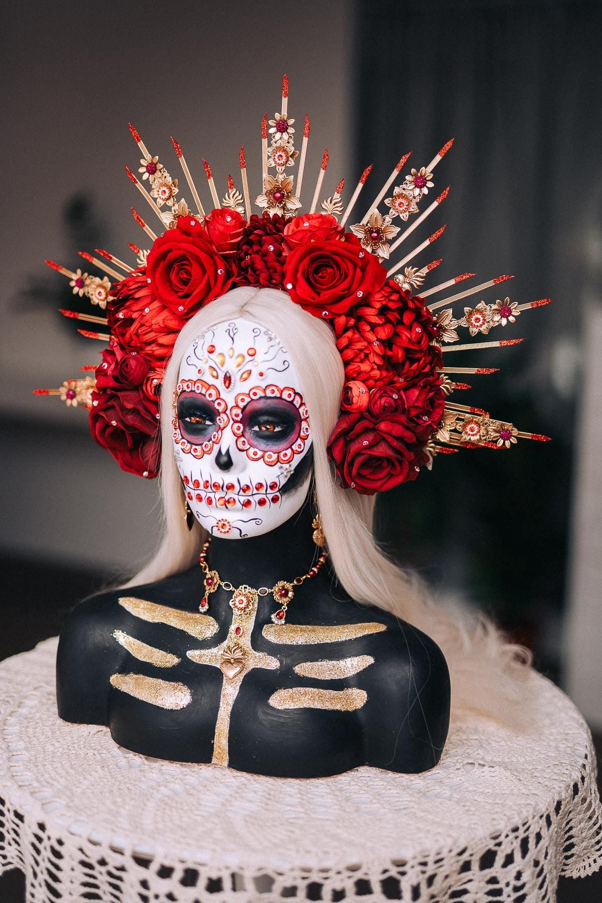 La Catrina Red Rose Crown, Día de los Muertos Headpiece, Antique Gold Floral Crown, Sacred Heart Catrina Headdress