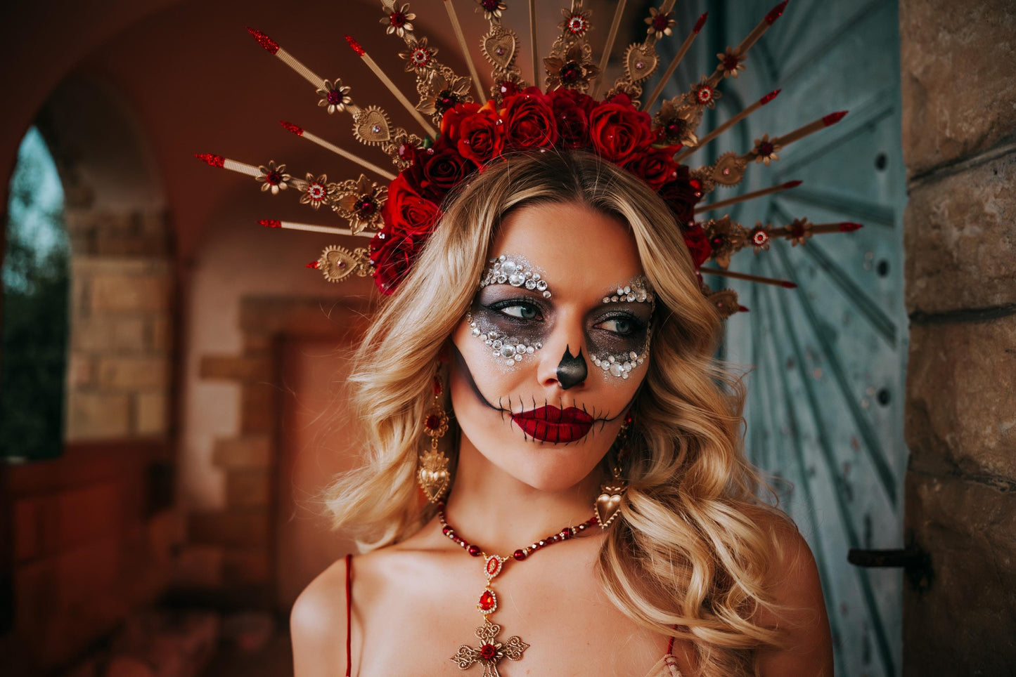 La Catrina Sacred Heart Earrings, Día de los Muertos Jewelry, Red Gold Mexican Inspired Statement Earrings