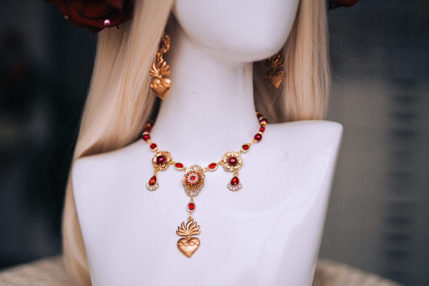 La Catrina Sacred Heart Earrings, Día de los Muertos Jewelry, Red Gold Mexican Inspired Statement Earrings