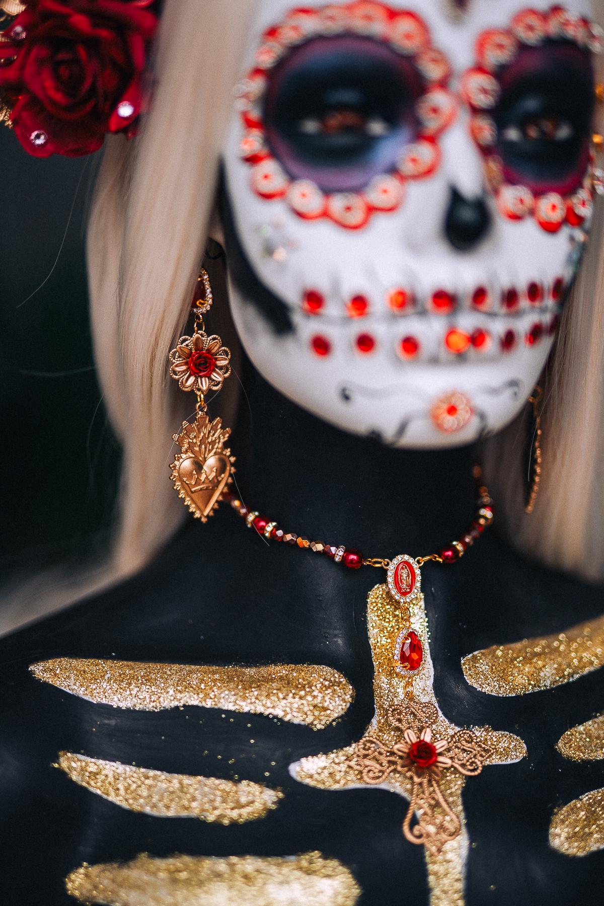 La Catrina Sacred Heart Earrings, Día de los Muertos Jewelry, Red Gold Mexican Inspired Statement Earrings