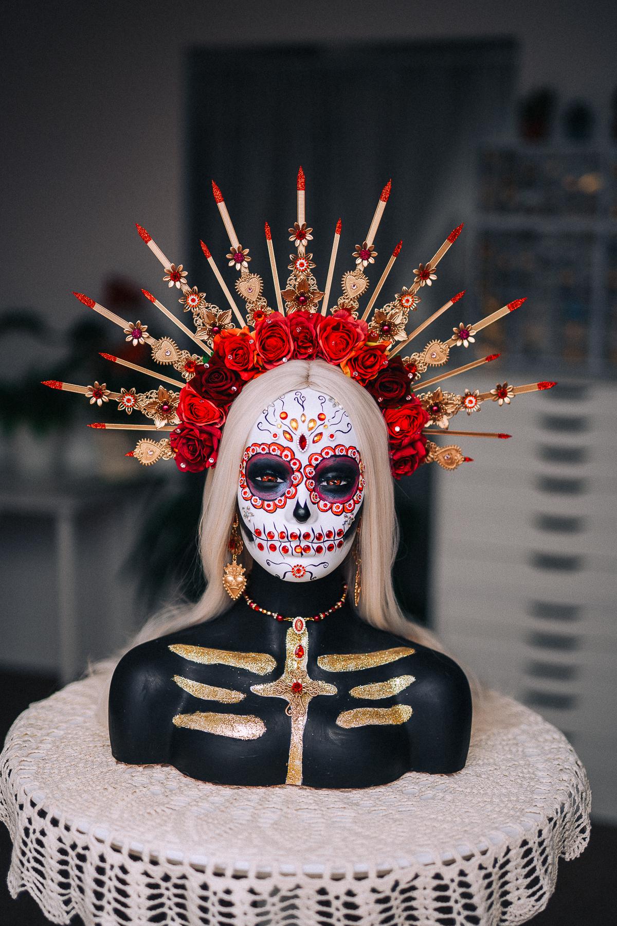 La Catrina Sacred Heart Earrings, Día de los Muertos Jewelry, Red Gold Mexican Inspired Statement Earrings