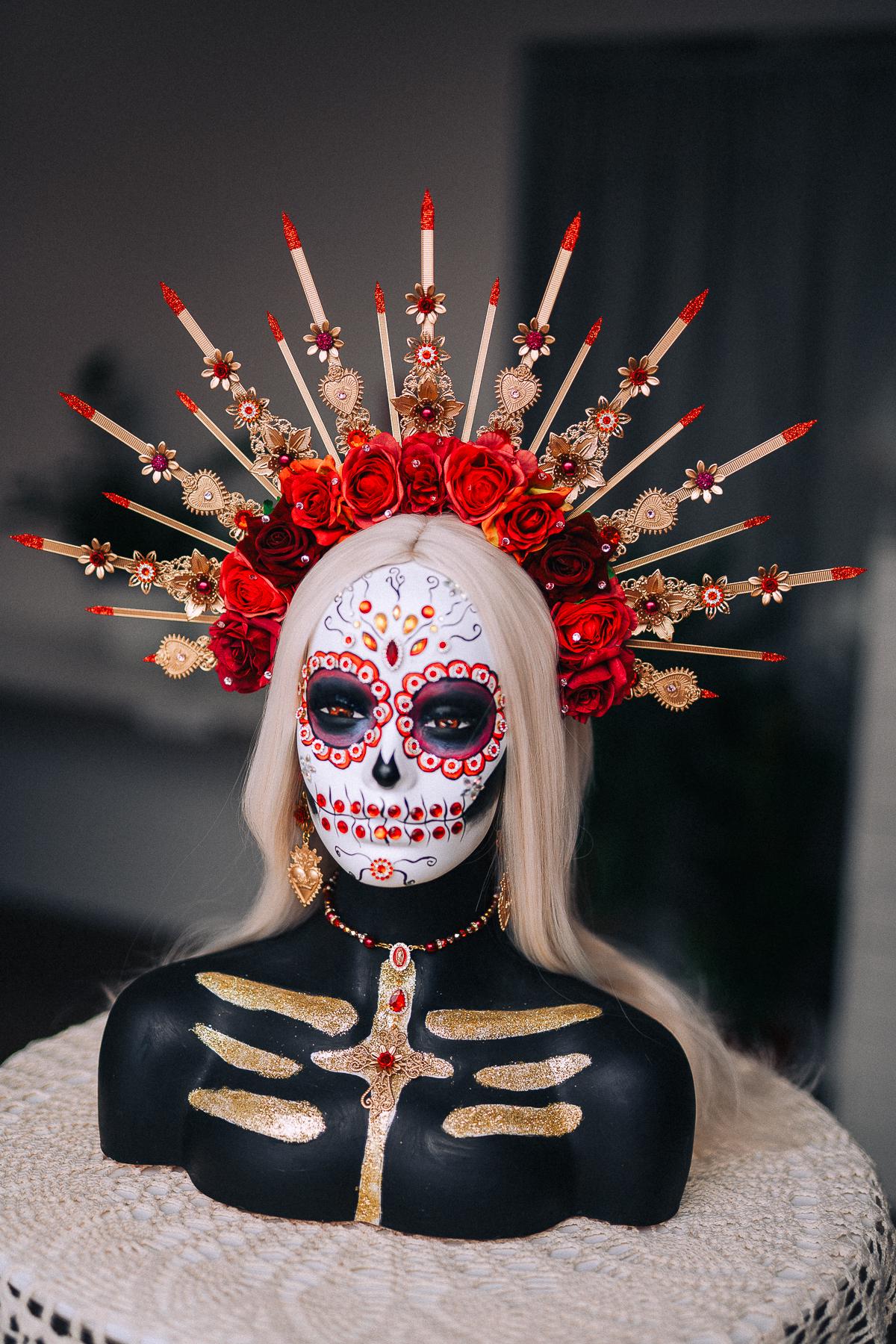 La Catrina Sacred Heart Earrings, Día de los Muertos Jewelry, Red Gold Mexican Inspired Statement Earrings