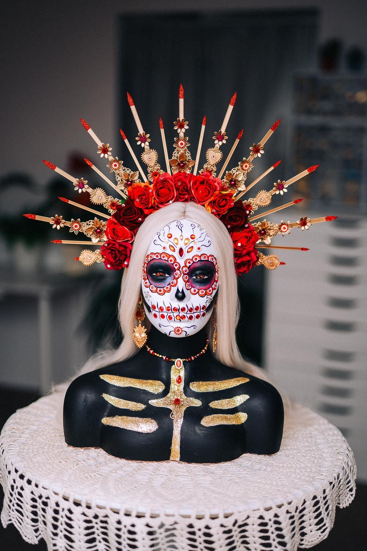 La Catrina Sacred Heart Earrings, Día de los Muertos Jewelry, Red Gold Mexican Inspired Statement Earrings