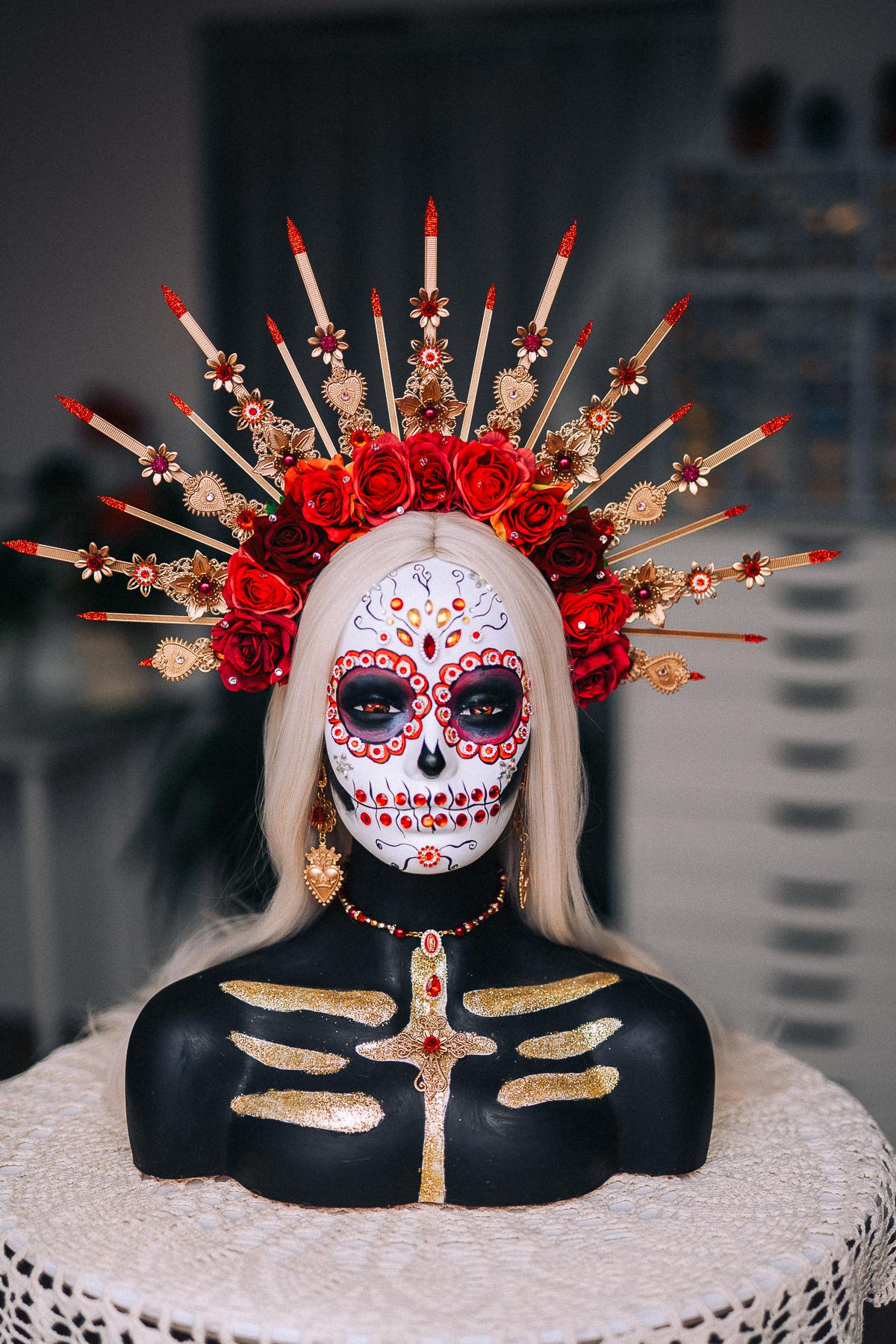 La Catrina Sacred Heart Earrings, Día de los Muertos Jewelry, Red Gold Mexican Inspired Statement Earrings