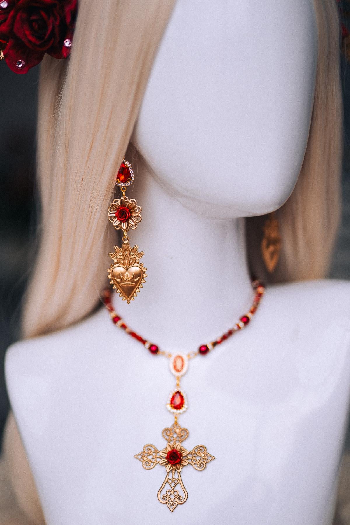 La Catrina Sacred Heart Choker Necklace, Día de los Muertos Jewelry, Red Gold Catrina Statement Necklace