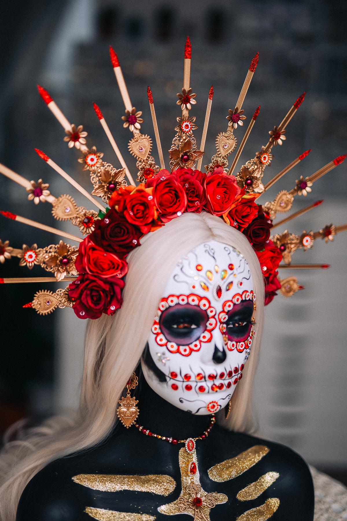 La Catrina Sacred Heart Choker Necklace, Día de los Muertos Jewelry, Red Gold Catrina Statement Necklace