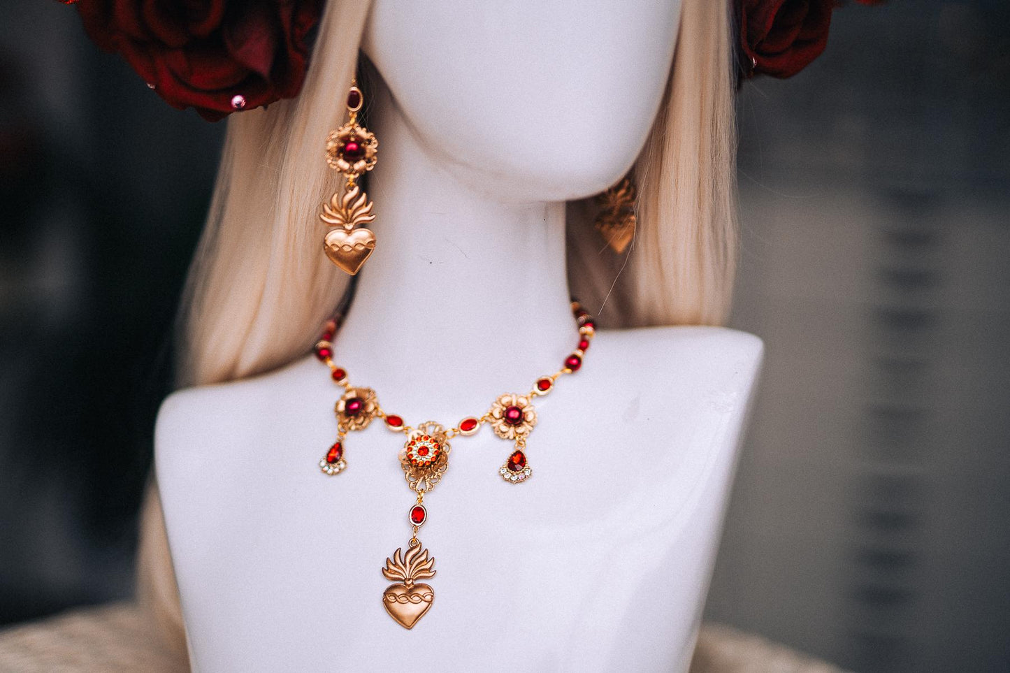 La Catrina Sacred Heart Choker Necklace, Día de los Muertos Jewelry, Red Gold Catrina Statement Necklace