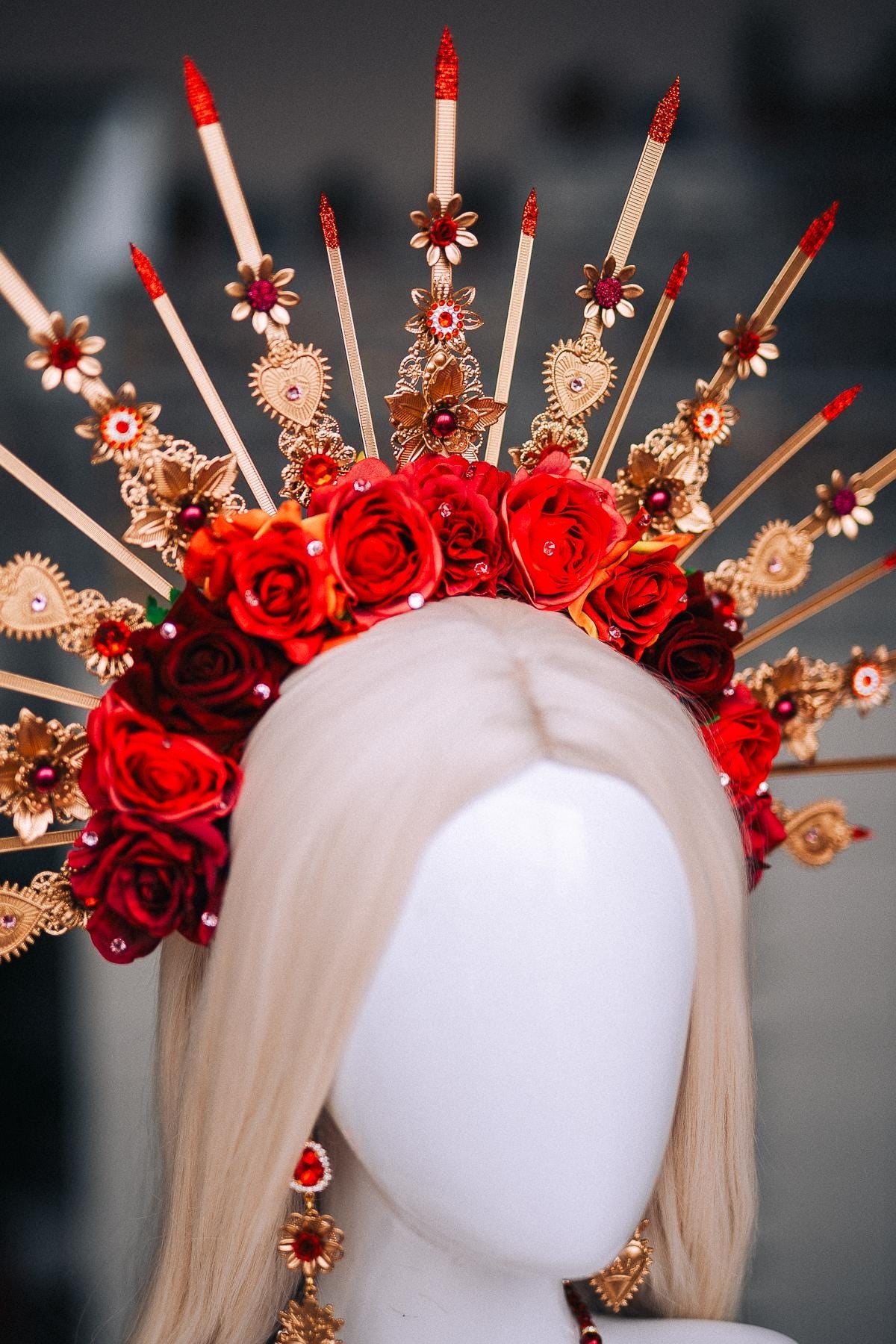 La Catrina Sacred Heart Choker Necklace, Día de los Muertos Jewelry, Red Gold Catrina Statement Necklace