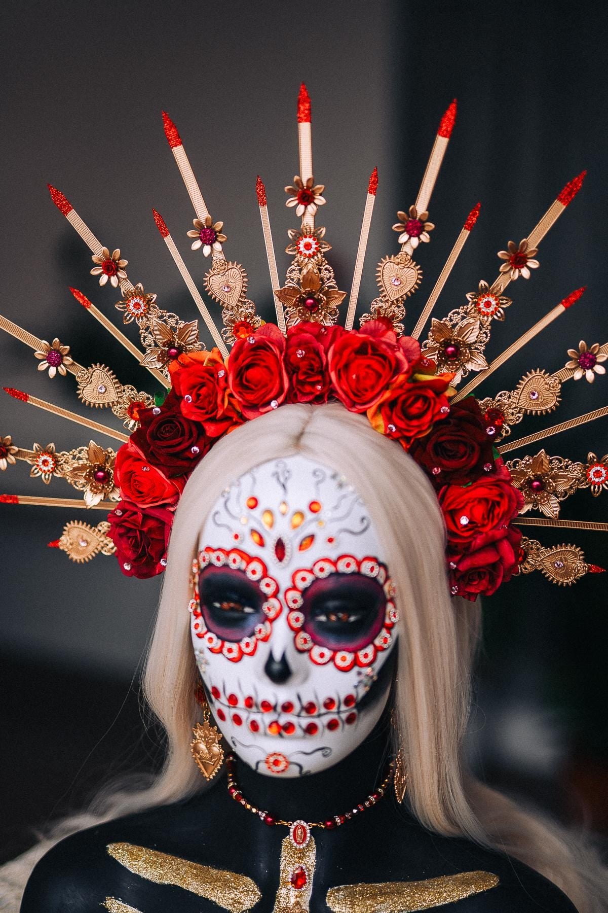 La Catrina Halo Crown, Red Rose Sacred Heart Crown, Día de los Muertos Headpiece, Gold Catrina Headdress