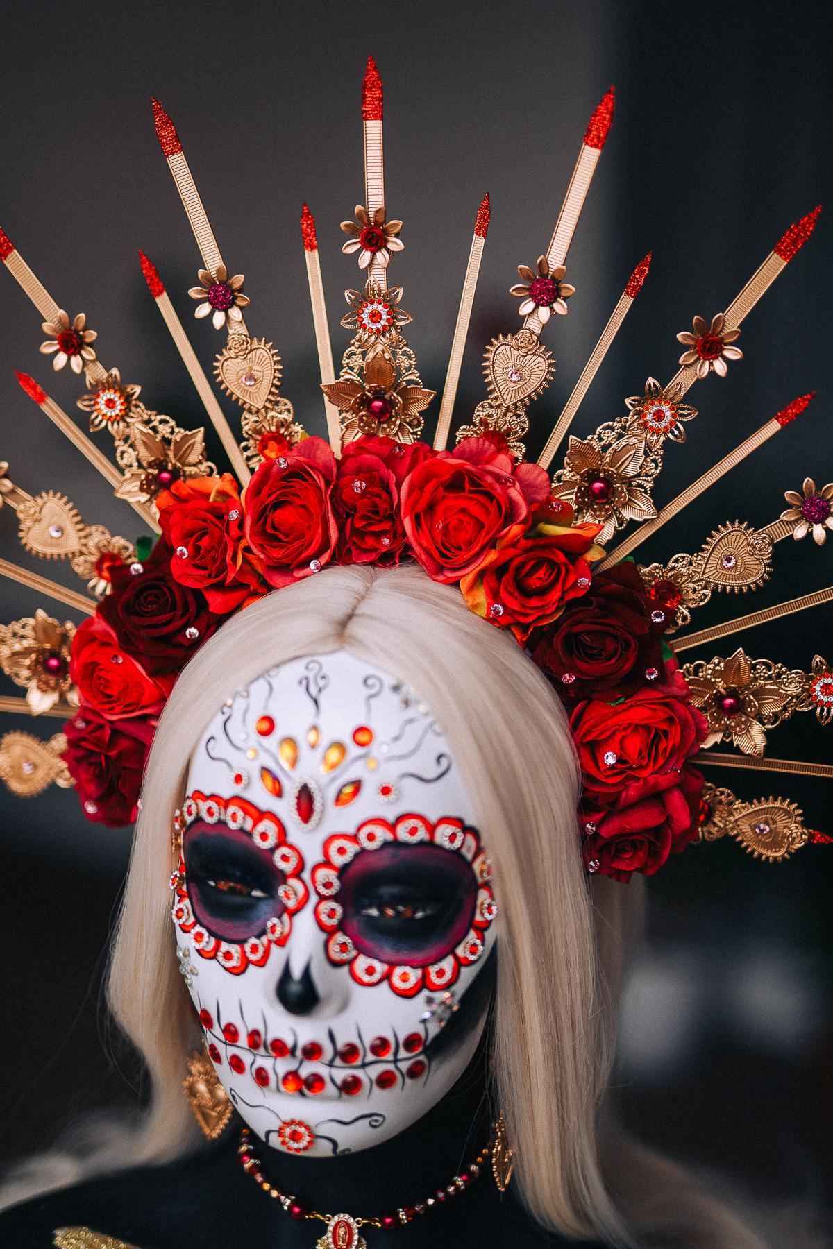 La Catrina Halo Crown, Red Rose Sacred Heart Crown, Día de los Muertos Headpiece, Gold Catrina Headdress