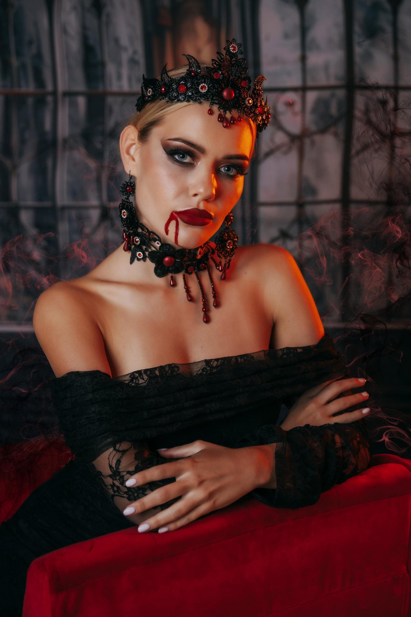 Vampire Earrings, Gothic Black and Red Earrings, Vampire Queen Jewelry, Halloween Costume Accessories