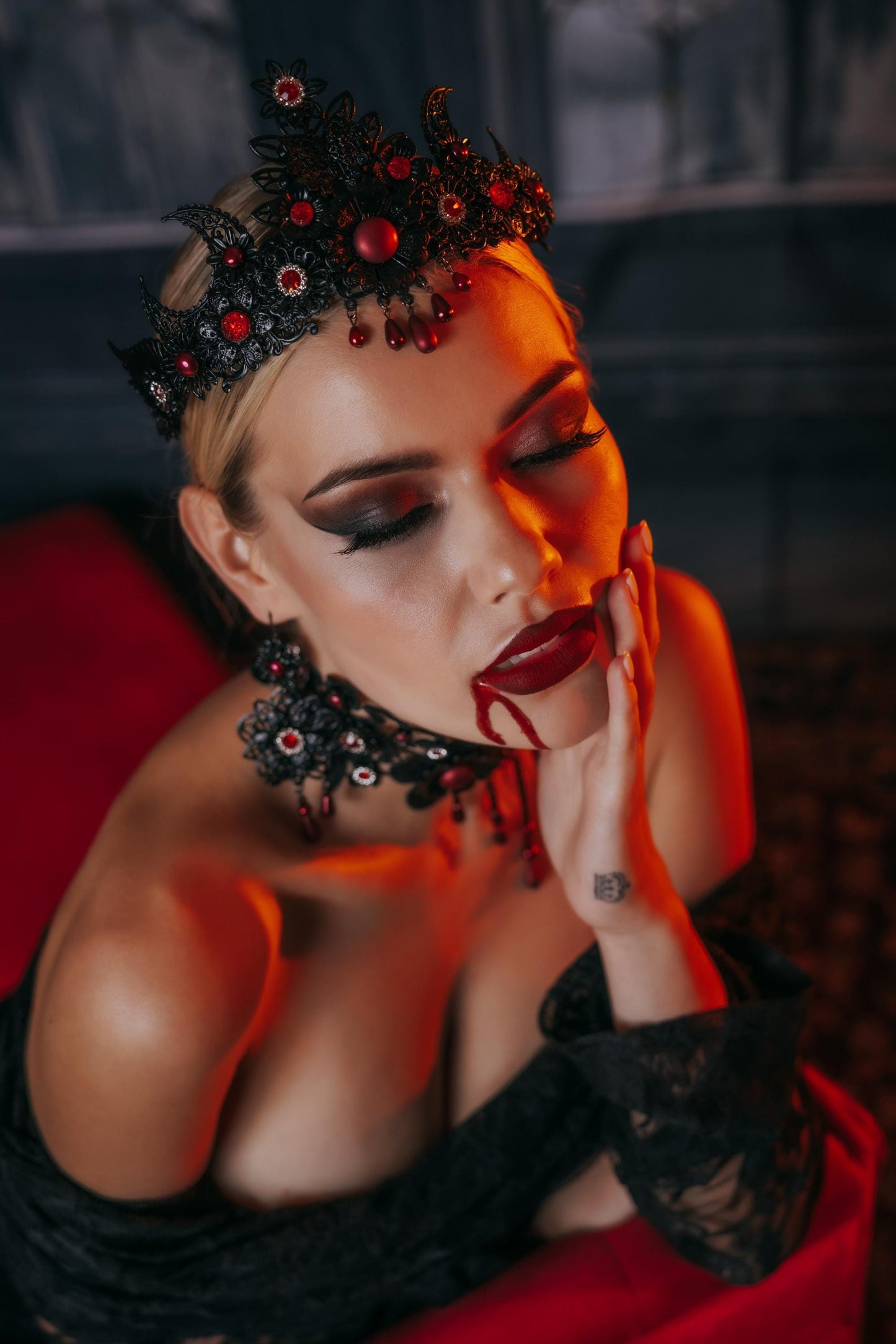 Vampire Earrings, Gothic Black and Red Earrings, Vampire Queen Jewelry, Halloween Costume Accessories