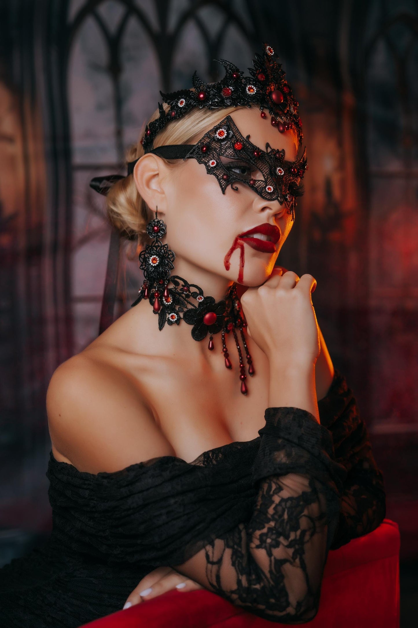 Vampire Choker Necklace, Gothic Black and Red Necklace, Vampire Queen Jewelry, Halloween Costume Accessory