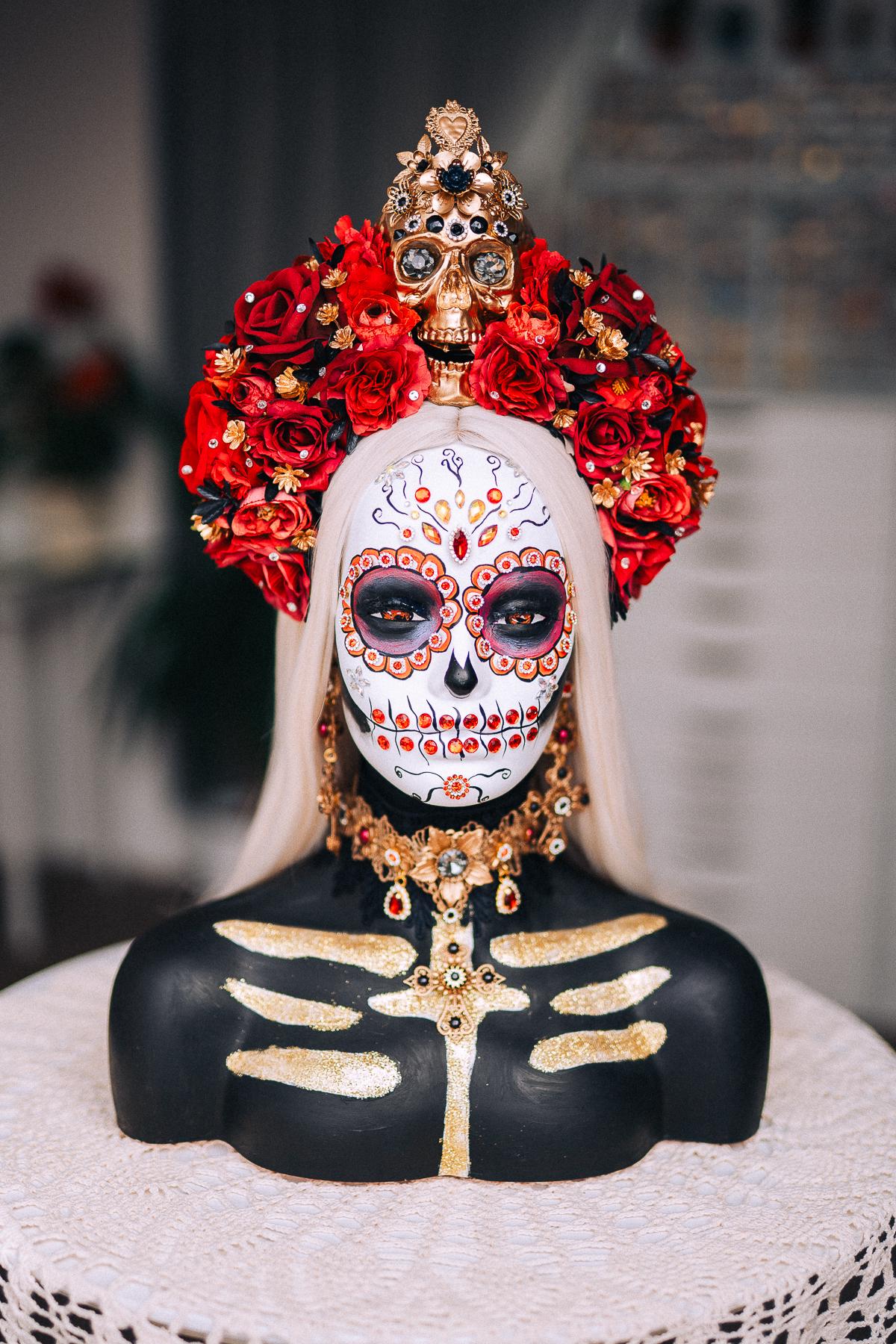 La Catrina Sacred Heart Earrings, Día de los Muertos Jewelry, Black Red Gold Statement Earrings, Catrina Accessories