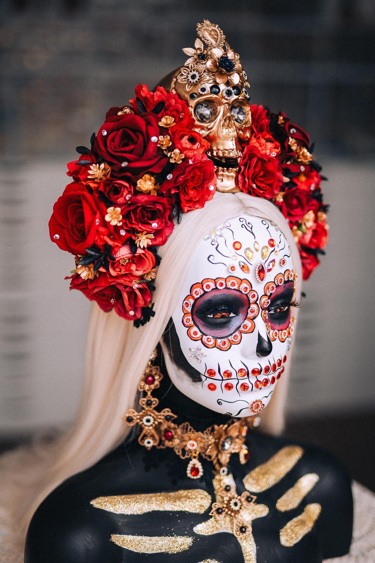 La Catrina Sacred Heart Earrings, Día de los Muertos Jewelry, Black Red Gold Statement Earrings, Catrina Accessories