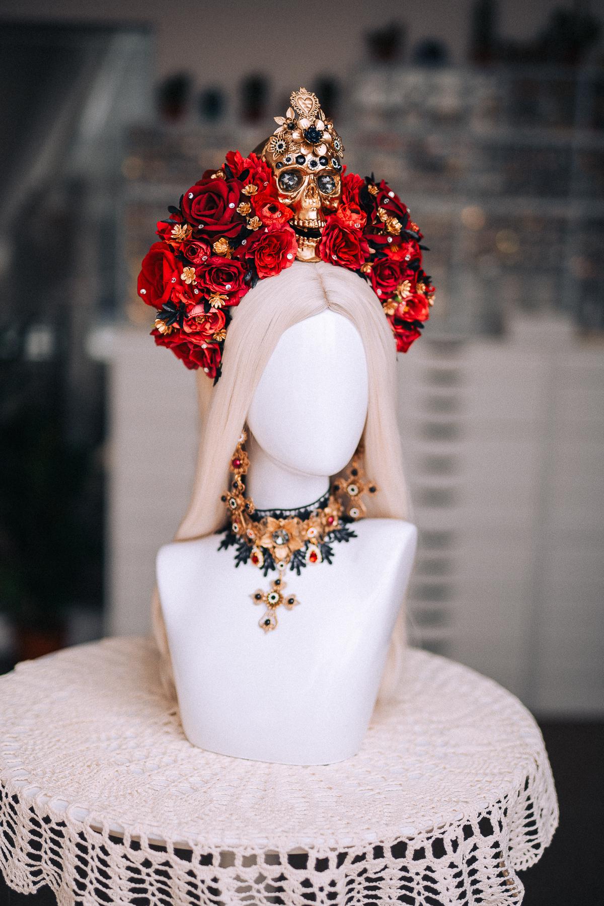 La Catrina Sacred Heart Earrings, Día de los Muertos Jewelry, Black Red Gold Statement Earrings, Catrina Accessories