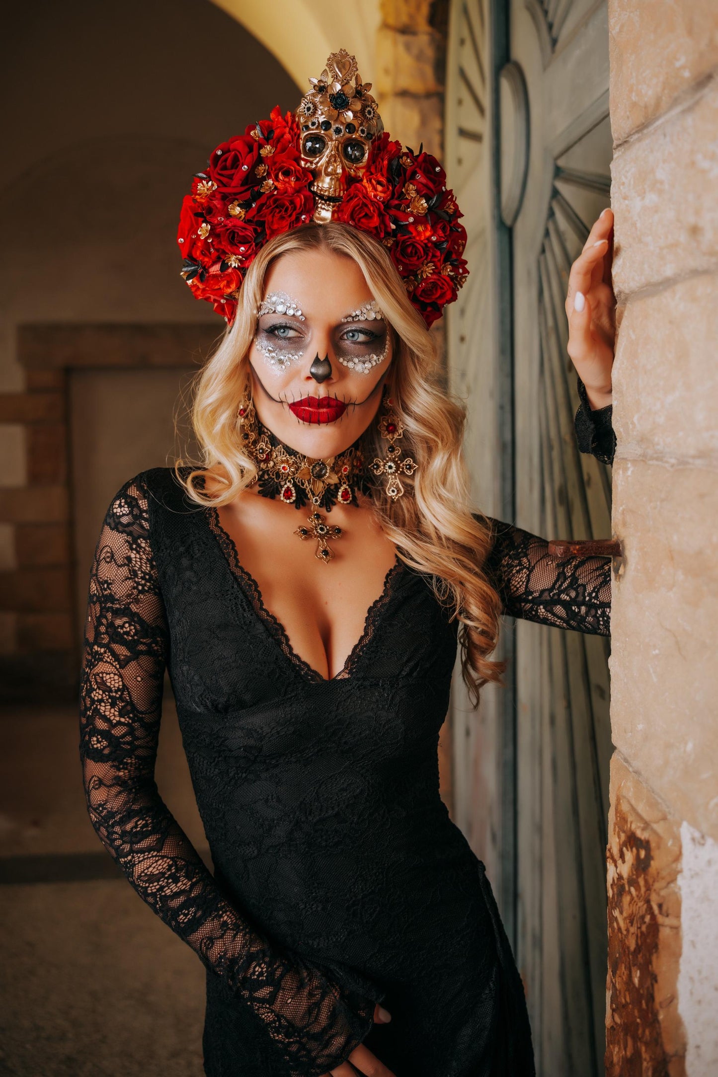 La Catrina Choker Necklace, Día de los Muertos Jewelry, Black Red Gold Sacred Heart Statement Collar