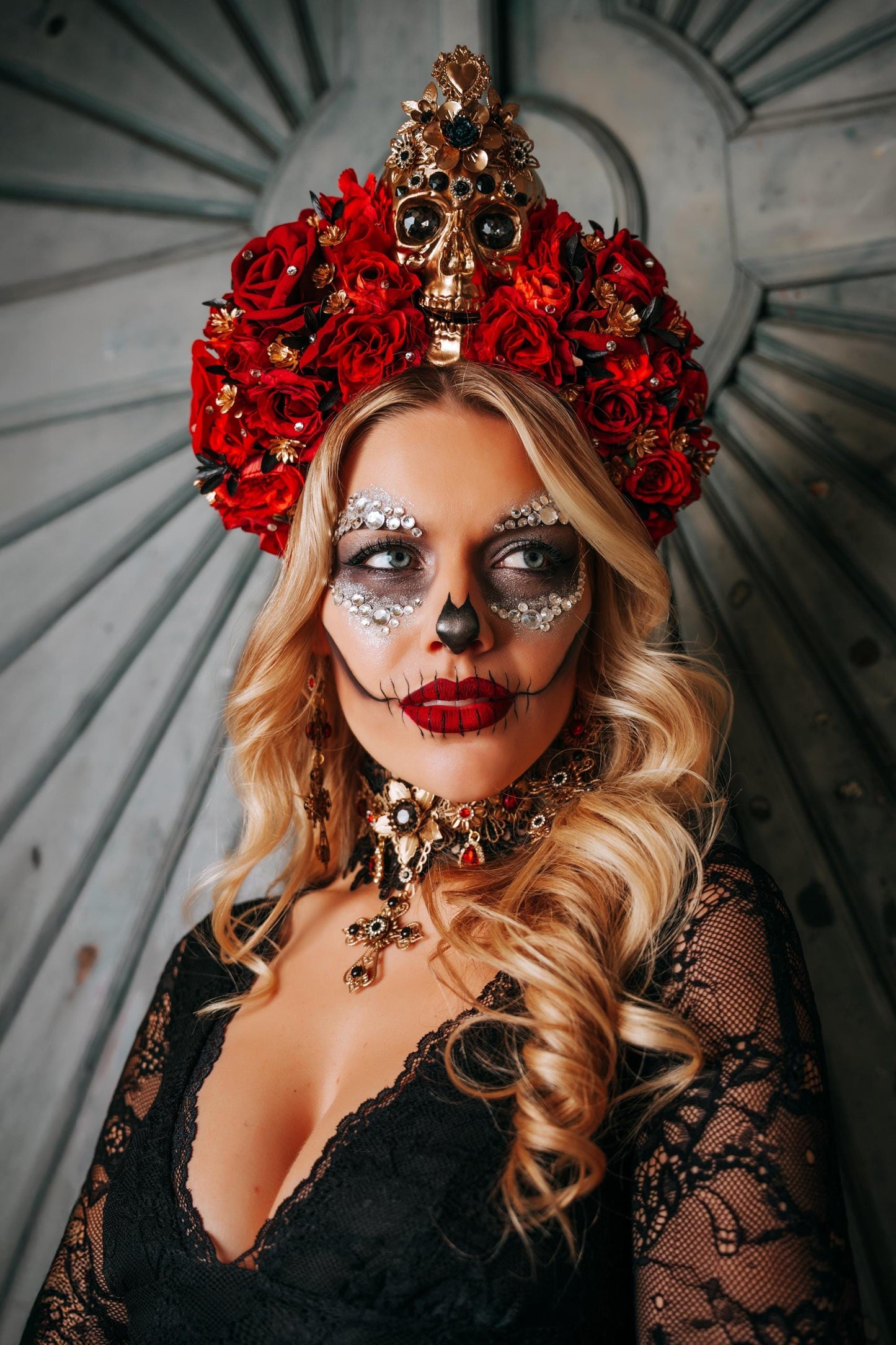La Catrina Choker Necklace, Día de los Muertos Jewelry, Black Red Gold Sacred Heart Statement Collar