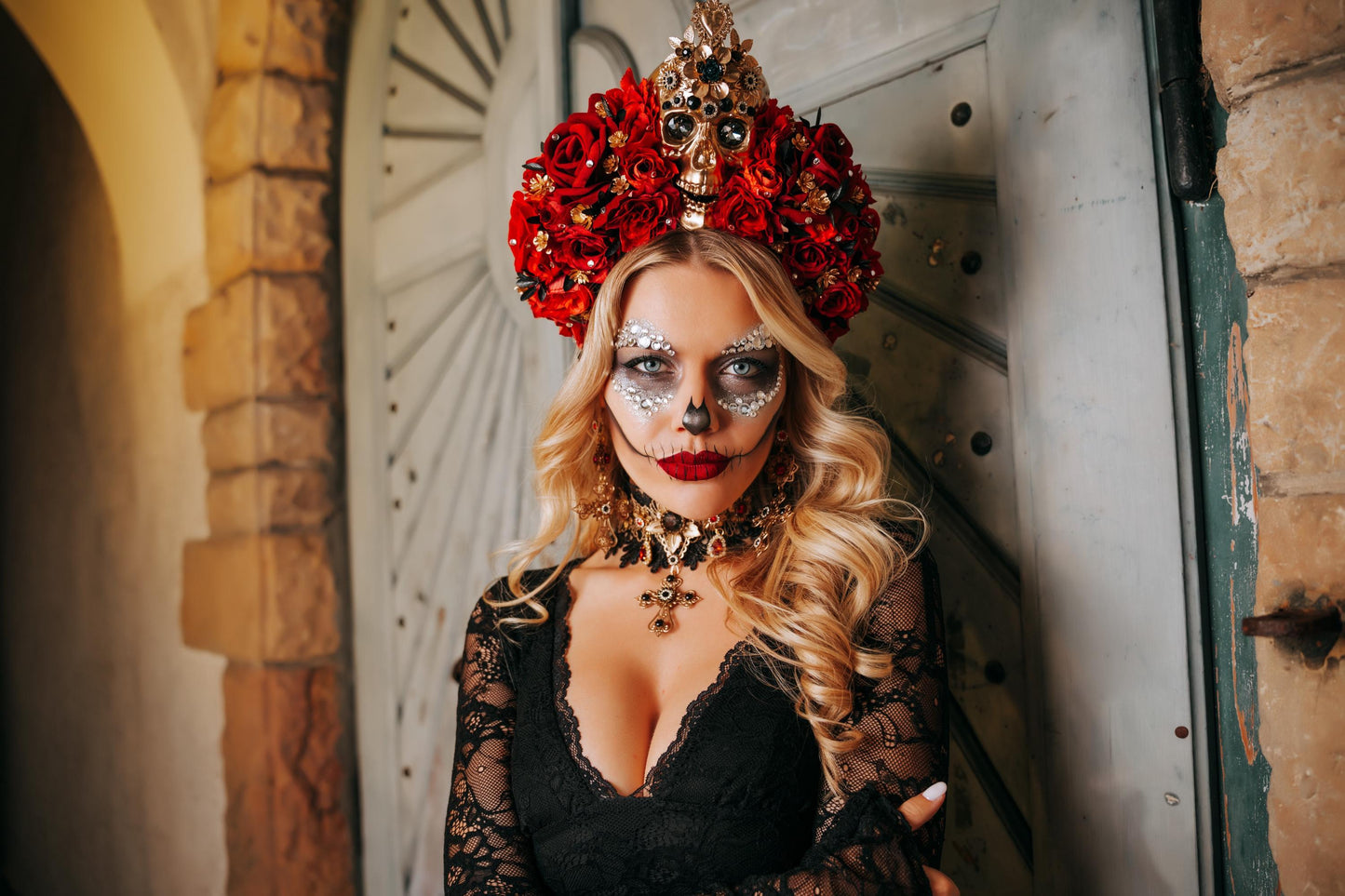 La Catrina Choker Necklace, Día de los Muertos Jewelry, Black Red Gold Sacred Heart Statement Collar
