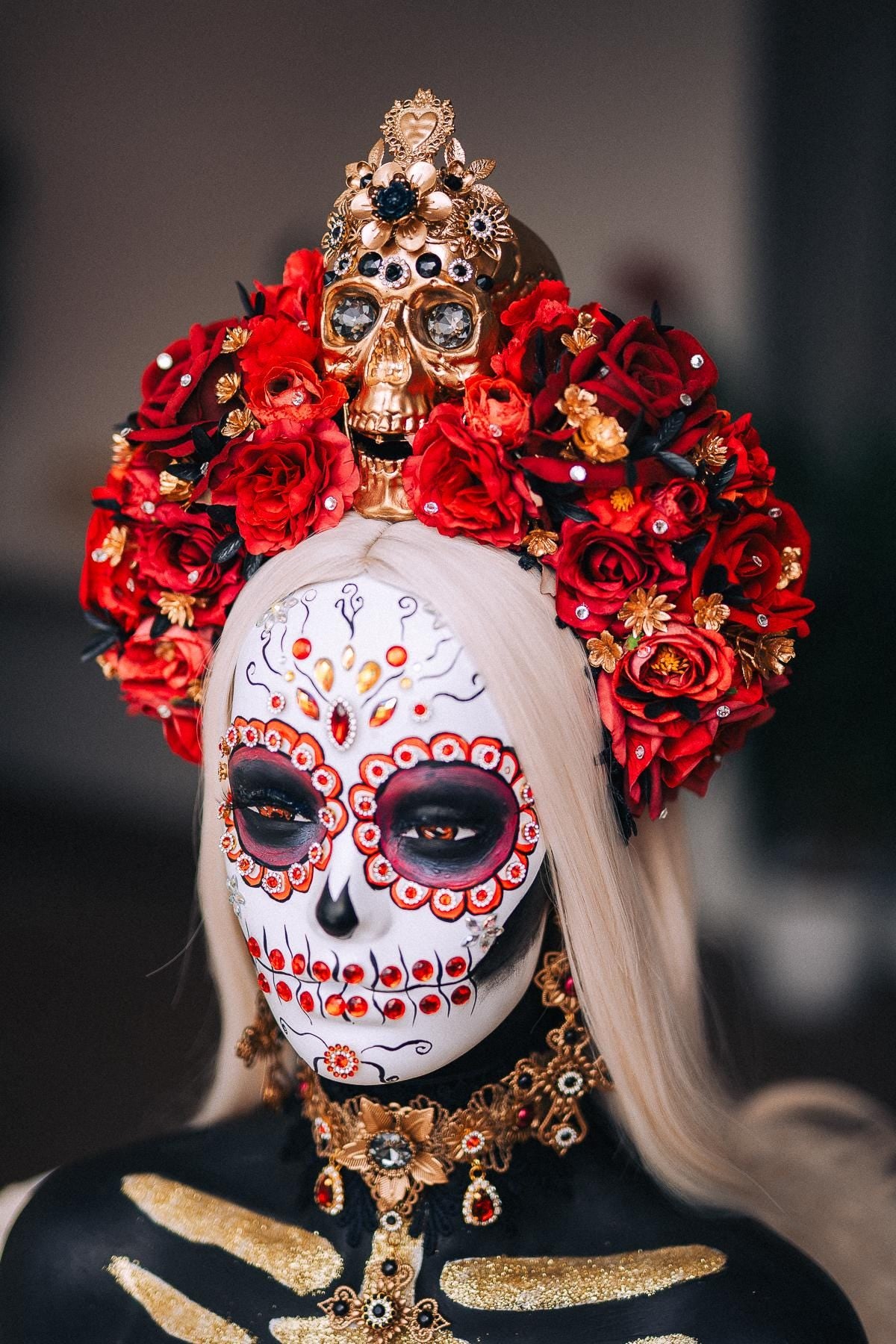 La Catrina Choker Necklace, Día de los Muertos Jewelry, Black Red Gold Sacred Heart Statement Collar