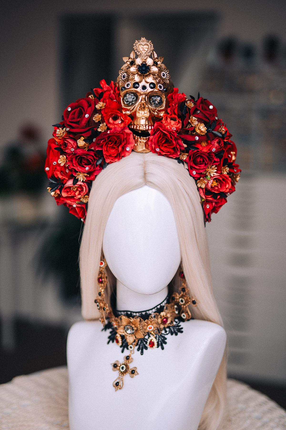 La Catrina Choker Necklace, Día de los Muertos Jewelry, Black Red Gold Sacred Heart Statement Collar