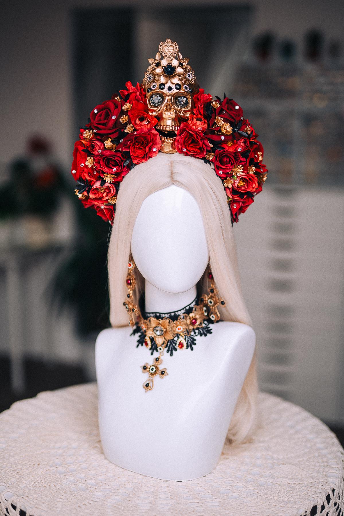 La Catrina Choker Necklace, Día de los Muertos Jewelry, Black Red Gold Sacred Heart Statement Collar