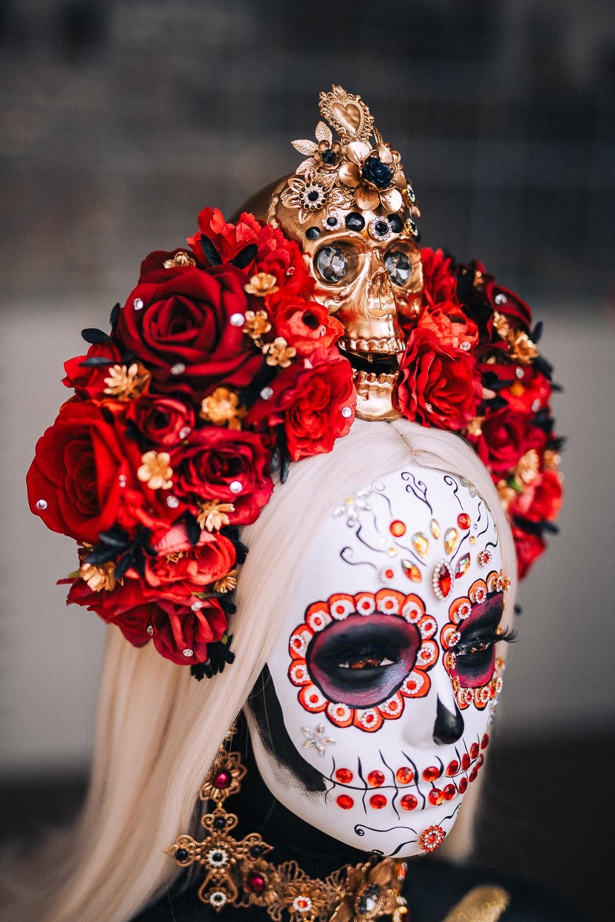 La Catrina Skull Crown, Red Rose Día de los Muertos Headpiece, Gold Catrina Flower Crown, Mexican Inspired Headdress