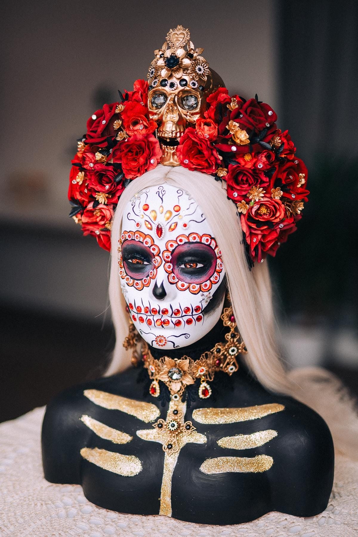La Catrina Skull Crown, Red Rose Día de los Muertos Headpiece, Gold Catrina Flower Crown, Mexican Inspired Headdress