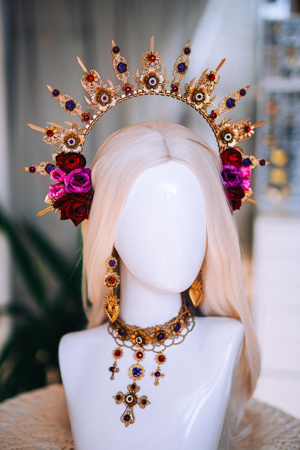 La Catrina Sacred Heart Earrings, Día de los Muertos Jewelry, Burgundy Purple Gold Catrina Statement Earrings