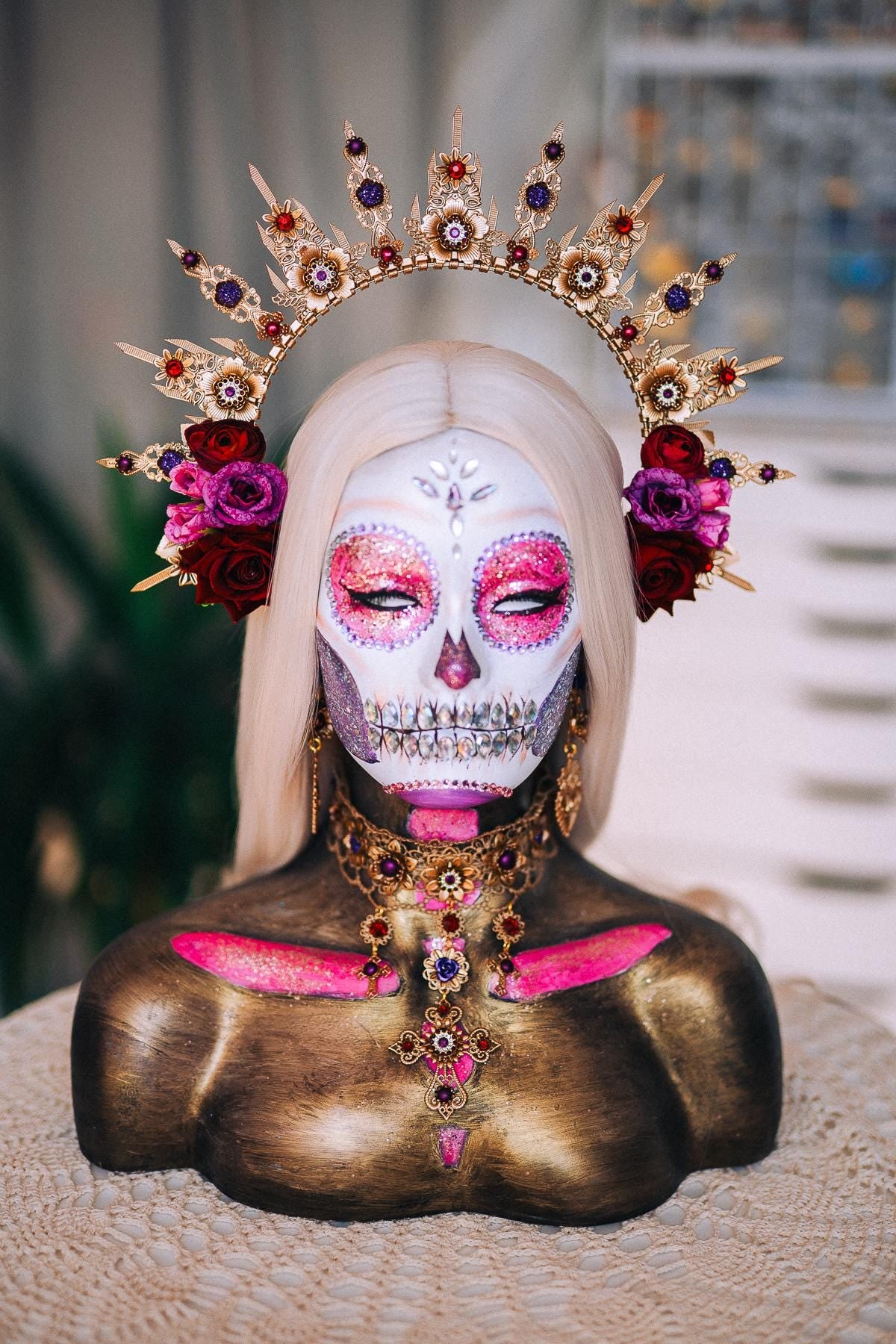 La Catrina Sacred Heart Earrings, Día de los Muertos Jewelry, Burgundy Purple Gold Catrina Statement Earrings