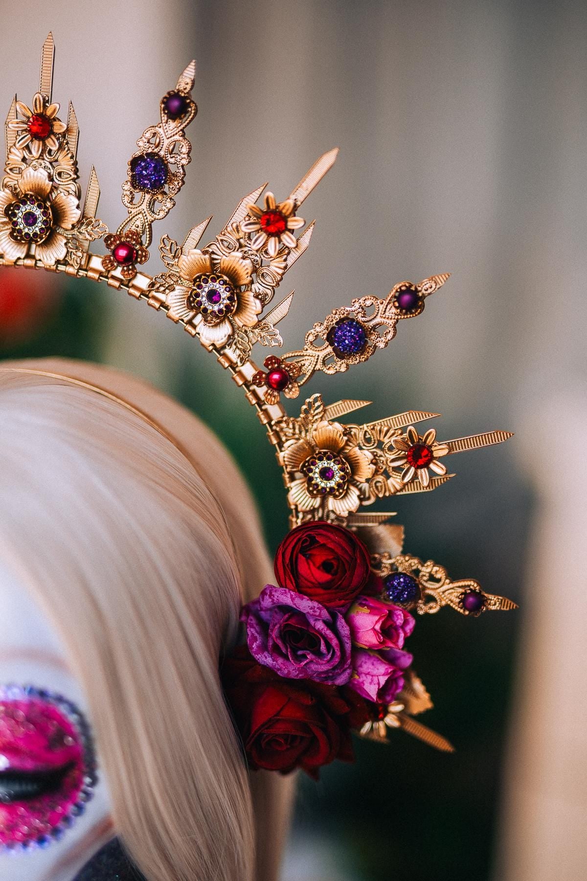 La Catrina Sacred Heart Earrings, Día de los Muertos Jewelry, Burgundy Purple Gold Catrina Statement Earrings