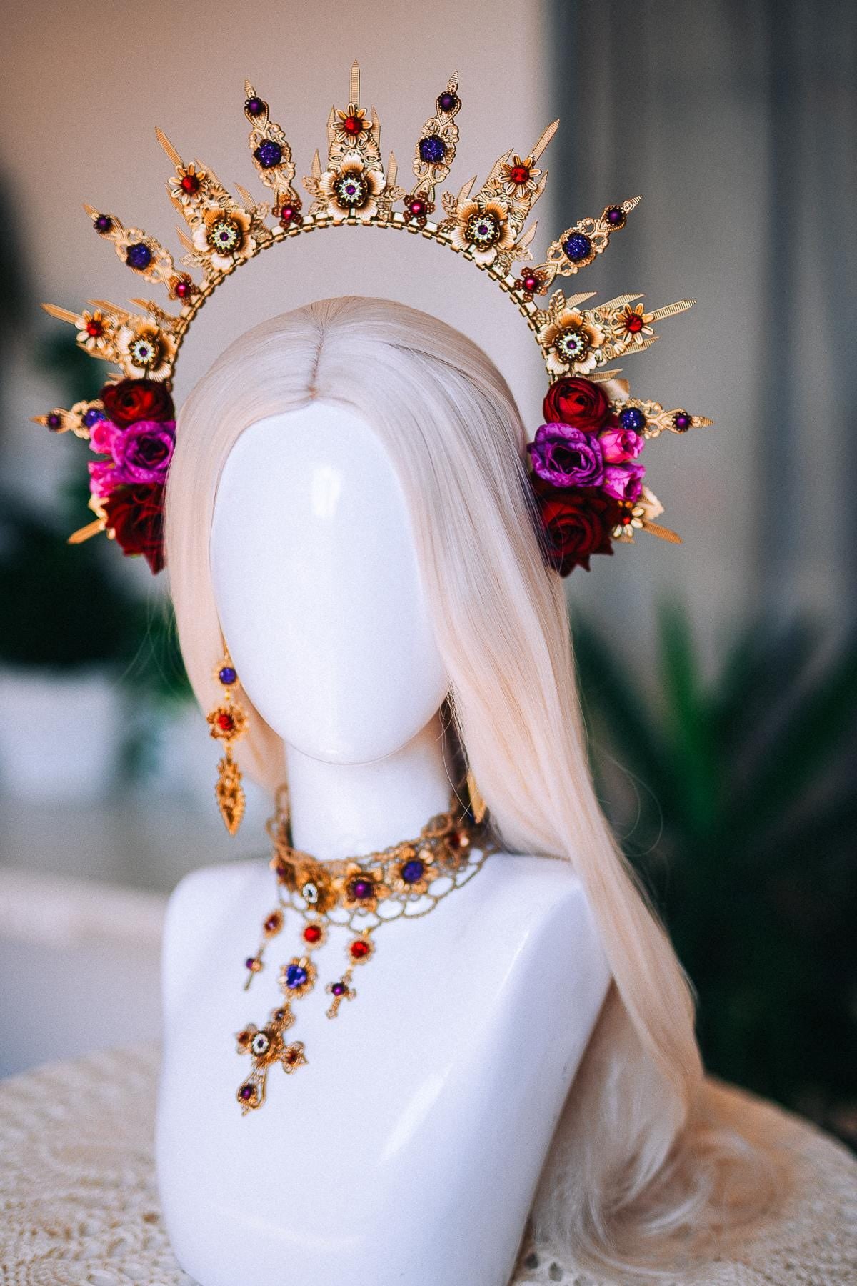 La Catrina Sacred Heart Earrings, Día de los Muertos Jewelry, Burgundy Purple Gold Catrina Statement Earrings