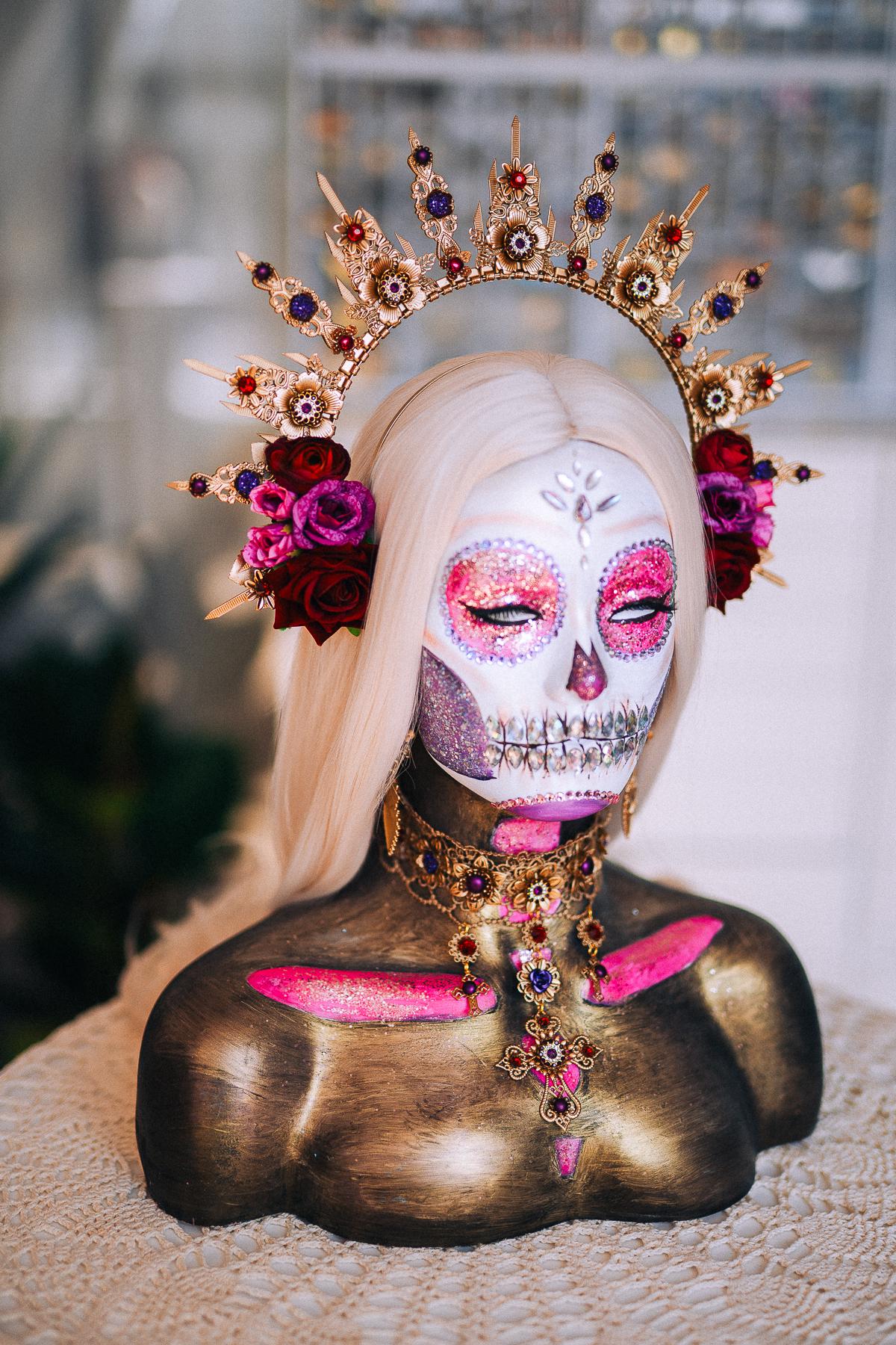 La Catrina Sacred Heart Earrings, Día de los Muertos Jewelry, Burgundy Purple Gold Catrina Statement Earrings